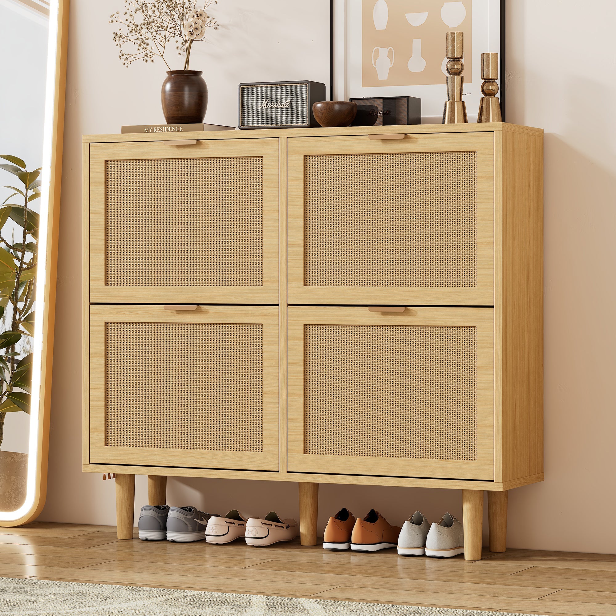 Logidon Shoe Cabinet Four Folding Drawers Rattan Light Oak 100x25x90