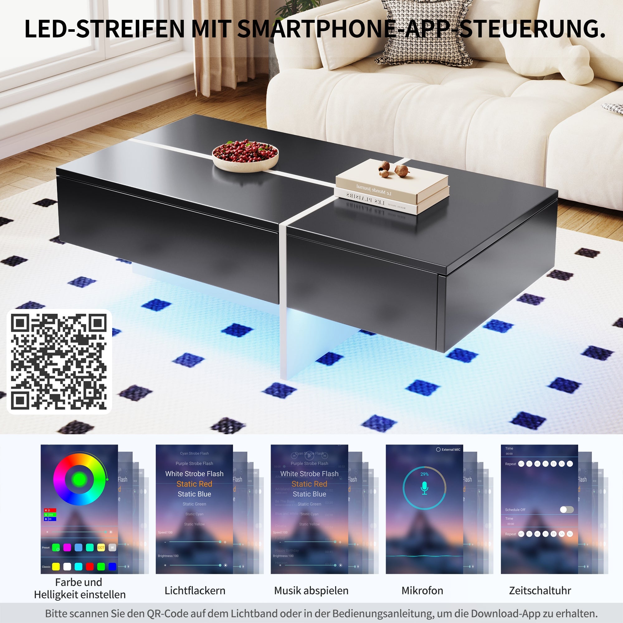Logidon Hoogglans Salontafel Zwart en Wit Colorblock App-gestuurd