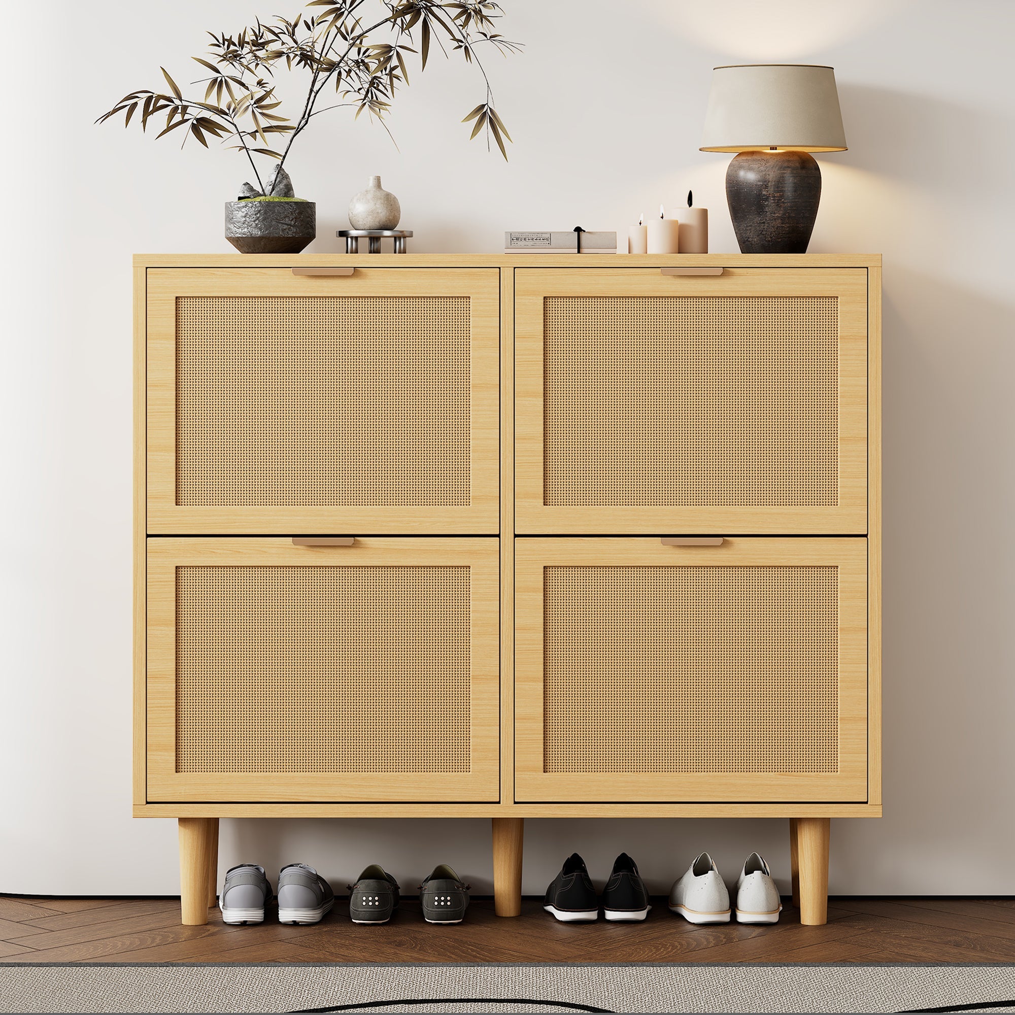 Logidon Shoe Cabinet Four Folding Drawers Rattan Light Oak 100x25x90