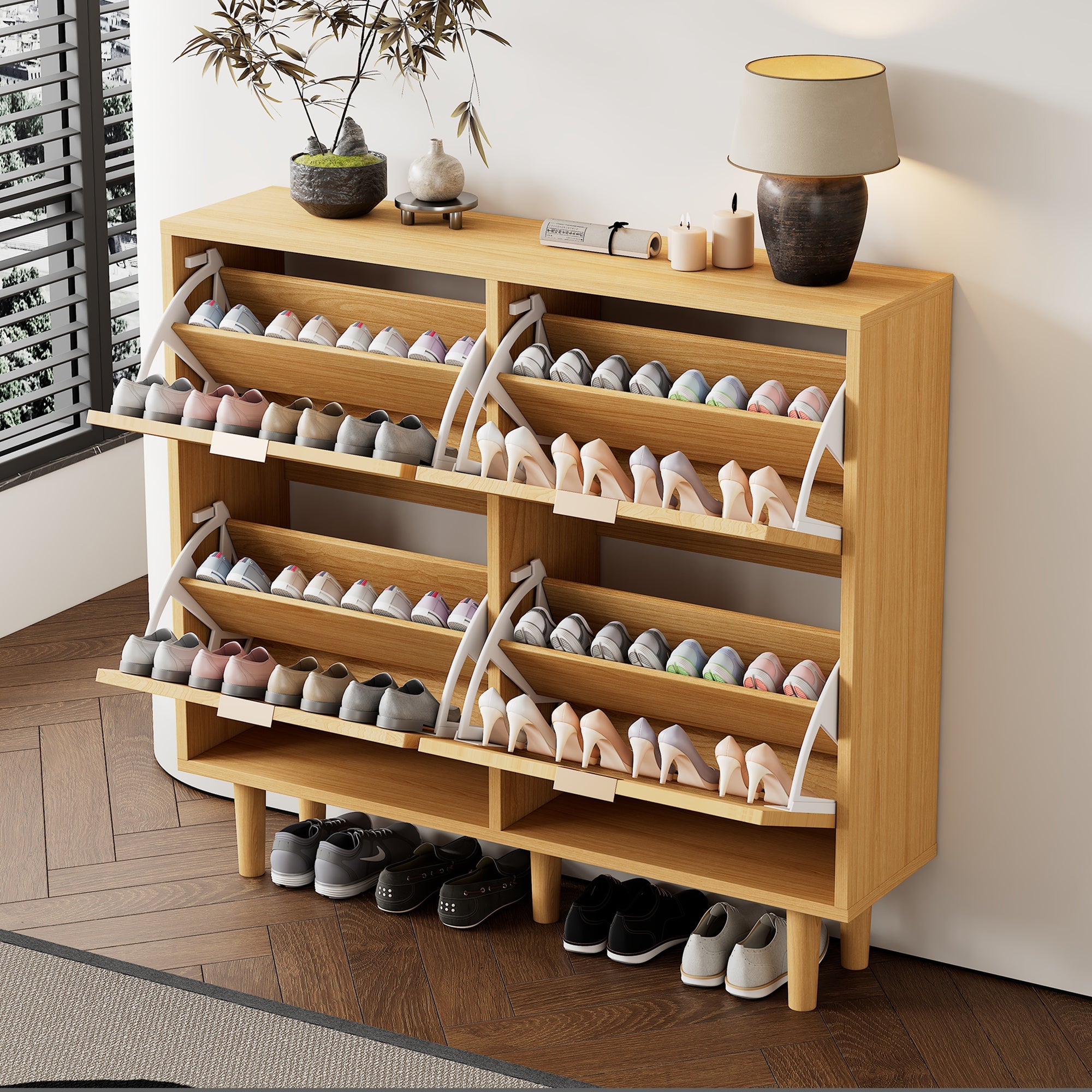 Logidon Shoe Cabinet Four Folding Drawers Rattan Light Oak 100x25x90