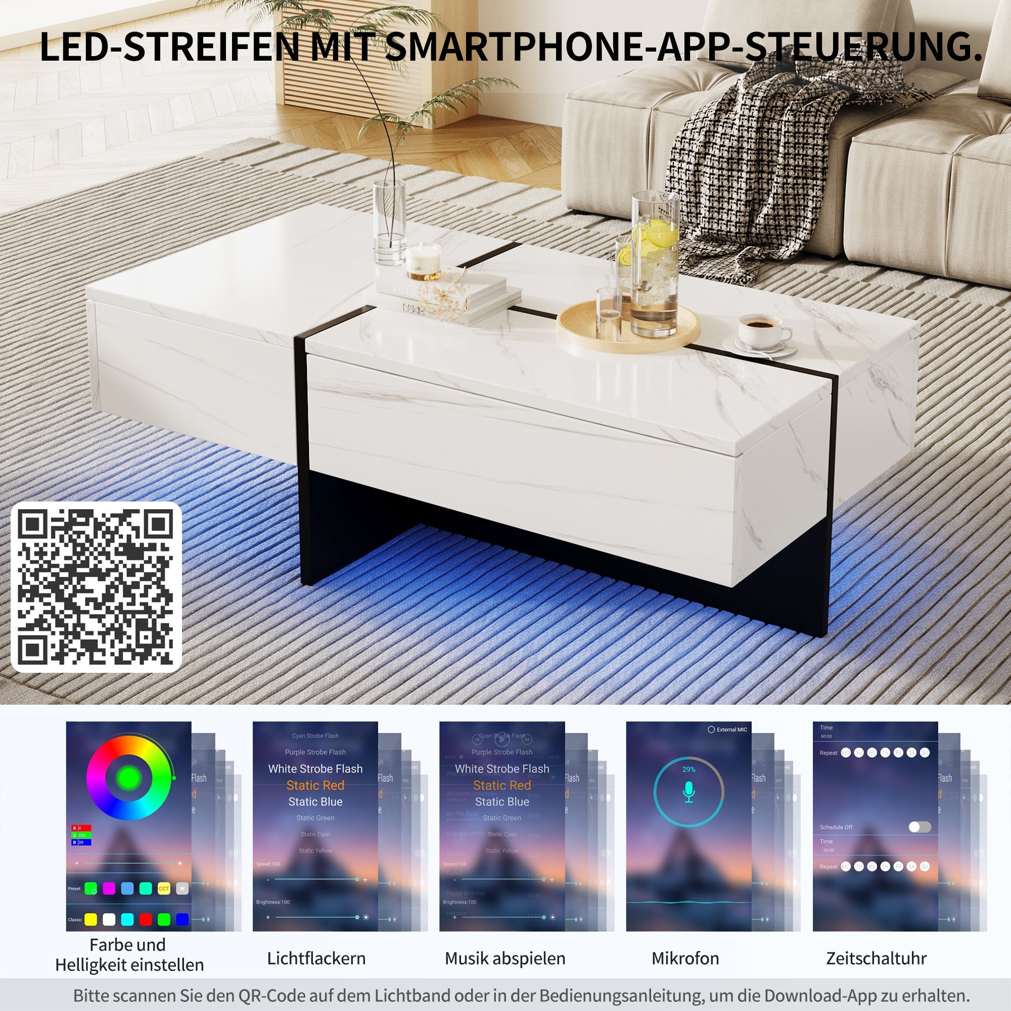 Logidon Hoogglans Salontafel Wit Imitatie Marmer Met App Verlichting