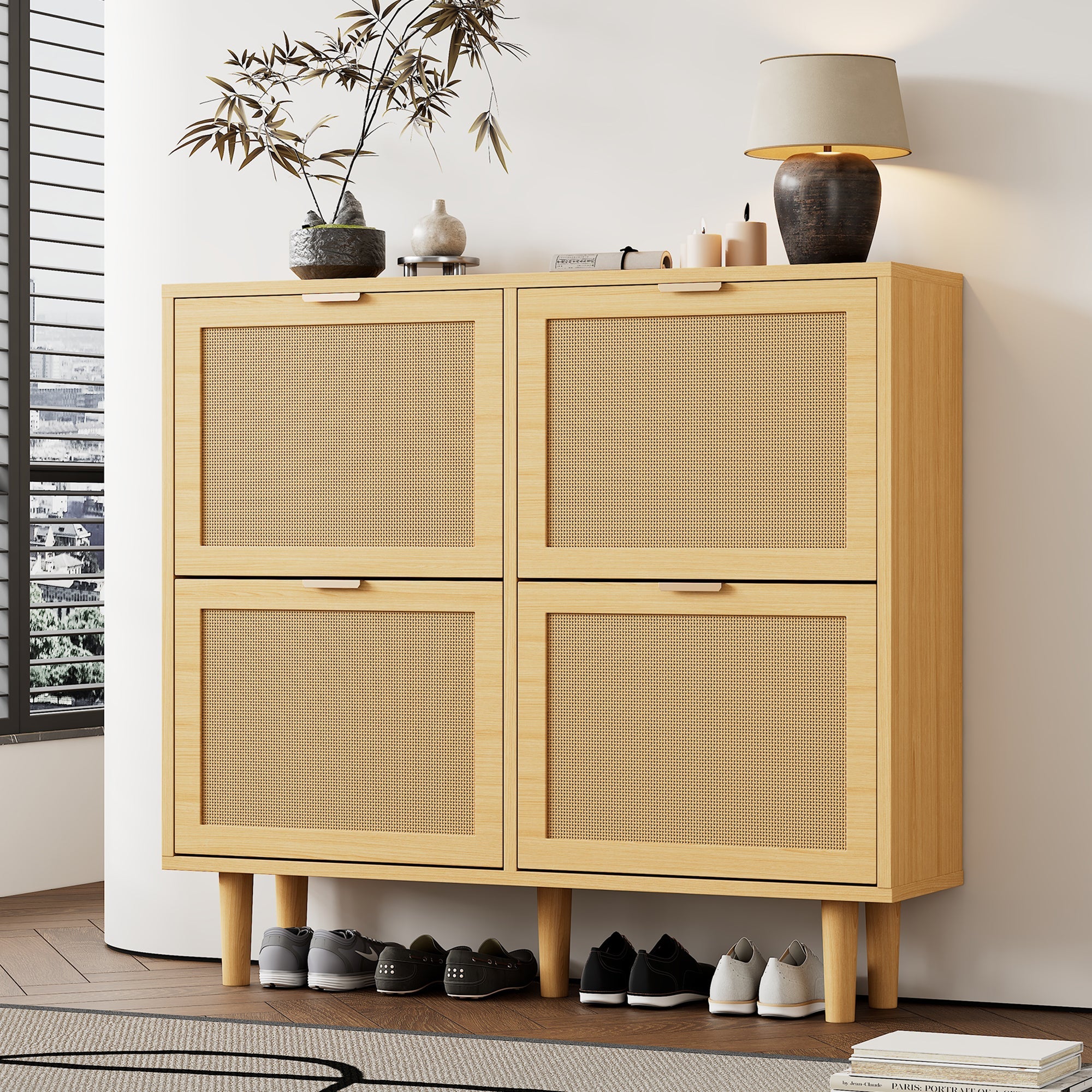 Logidon Shoe Cabinet Four Folding Drawers Rattan Light Oak 100x25x90