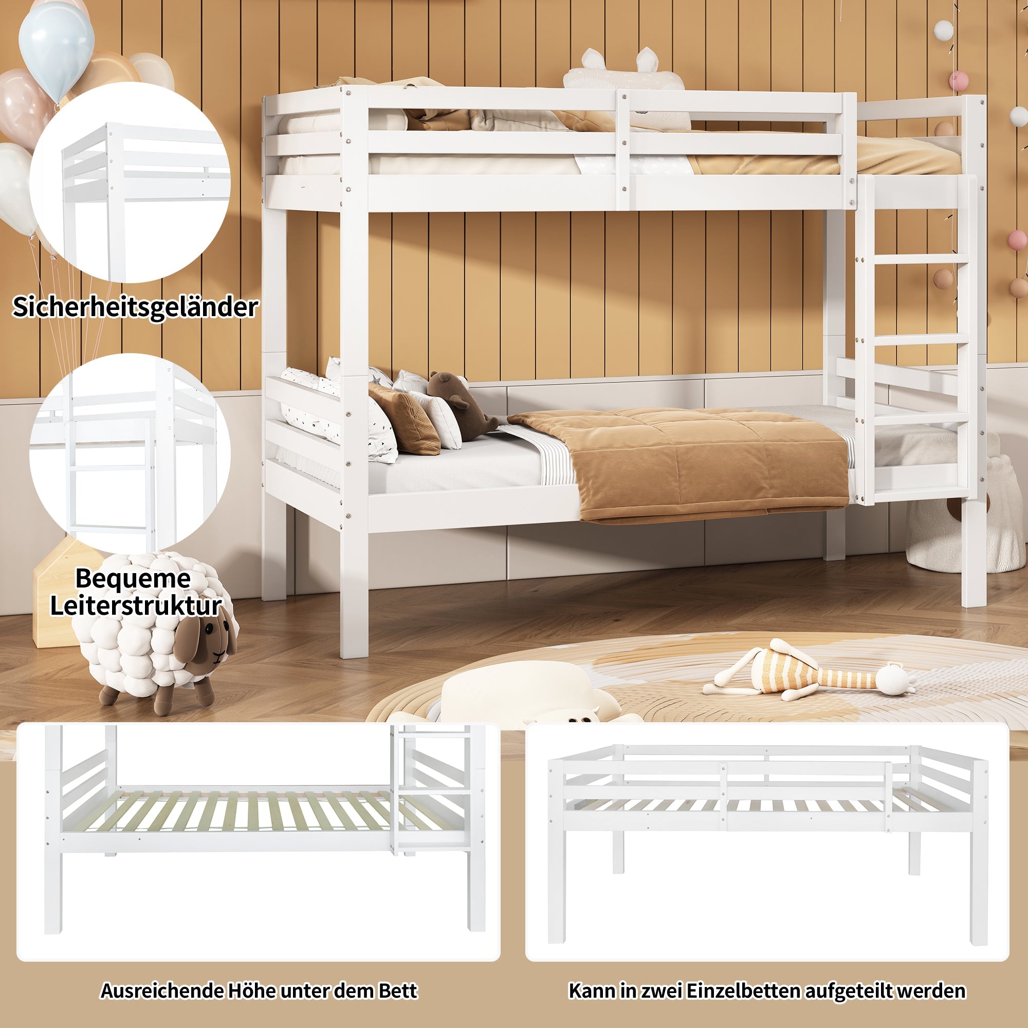 Logidon stapelbed wit 90x200 cm voor kinderen drietraps hoekladder