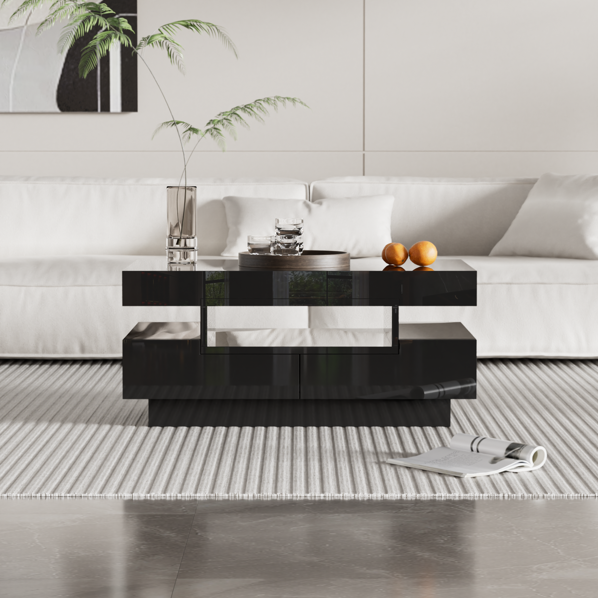 Logidon salontafel zwart hoogglans LED lichtstrip 4 lades