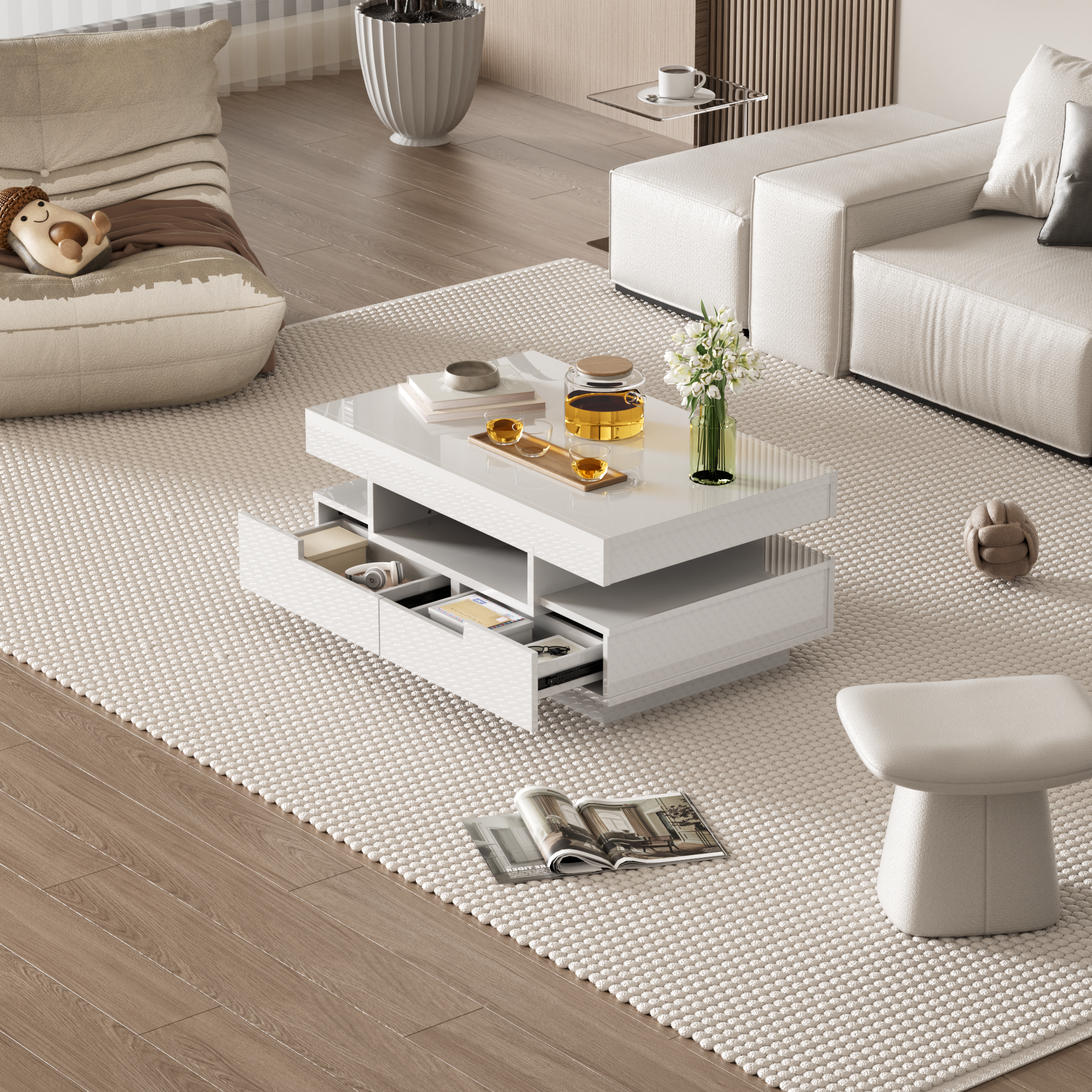Logidon coffee table high gloss LED light strip four drawers 80x50x36 cm