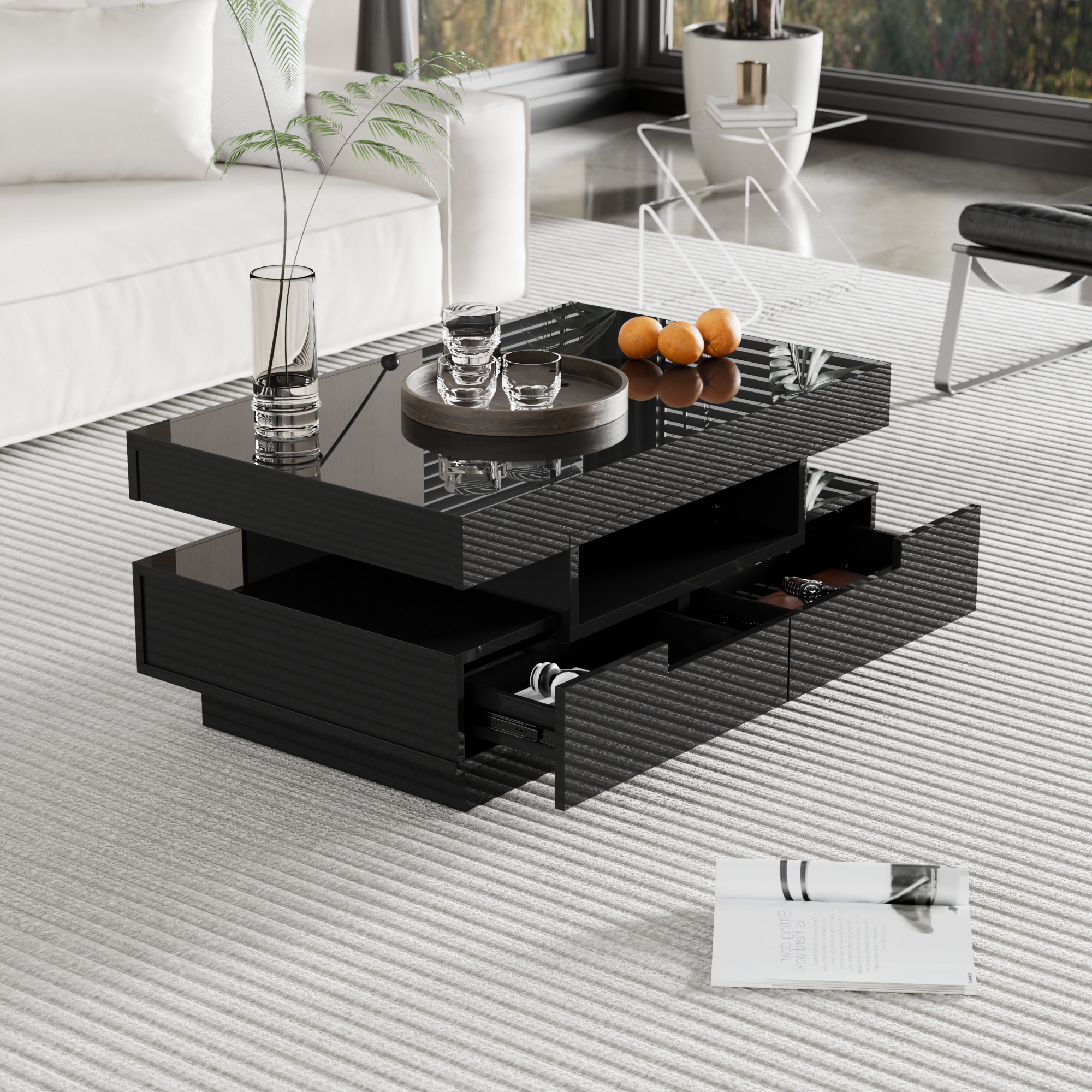 Logidon salontafel zwart hoogglans LED lichtstrip 4 lades