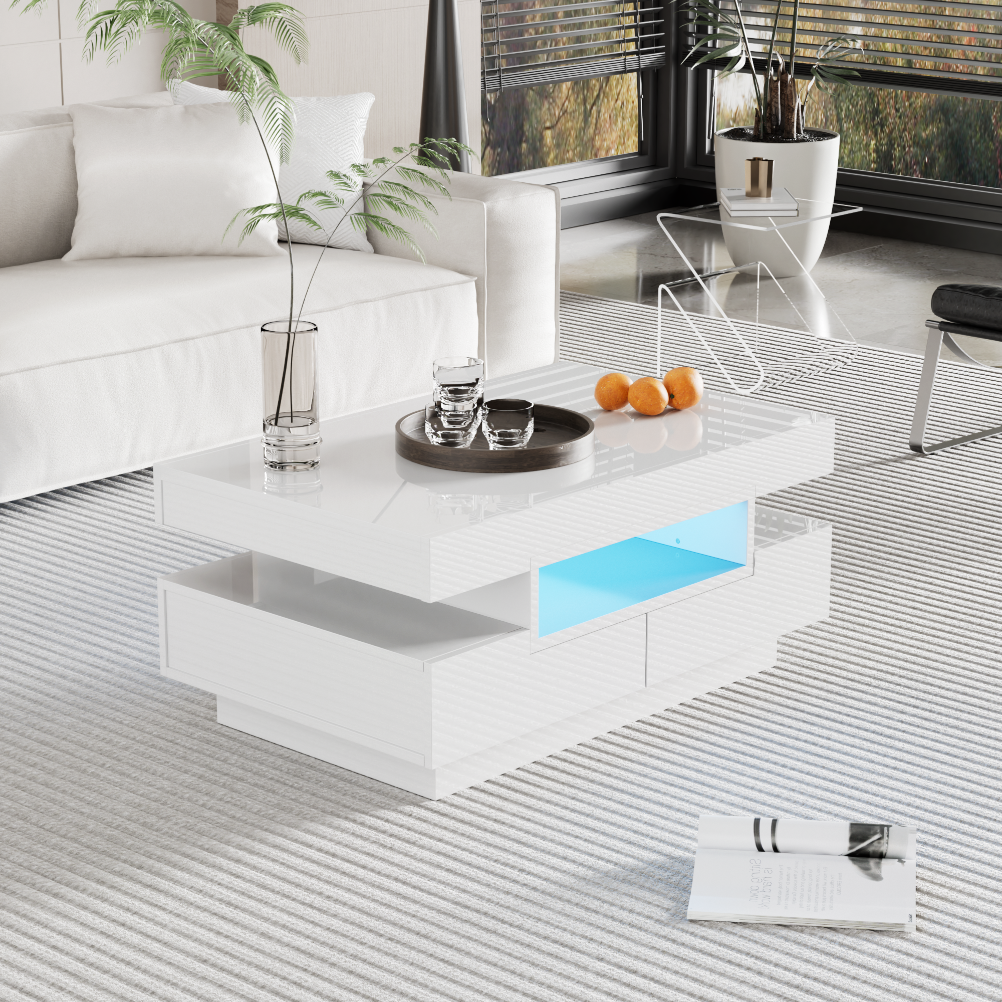 Logidon coffee table high gloss LED light strip four drawers 80x50x36 cm