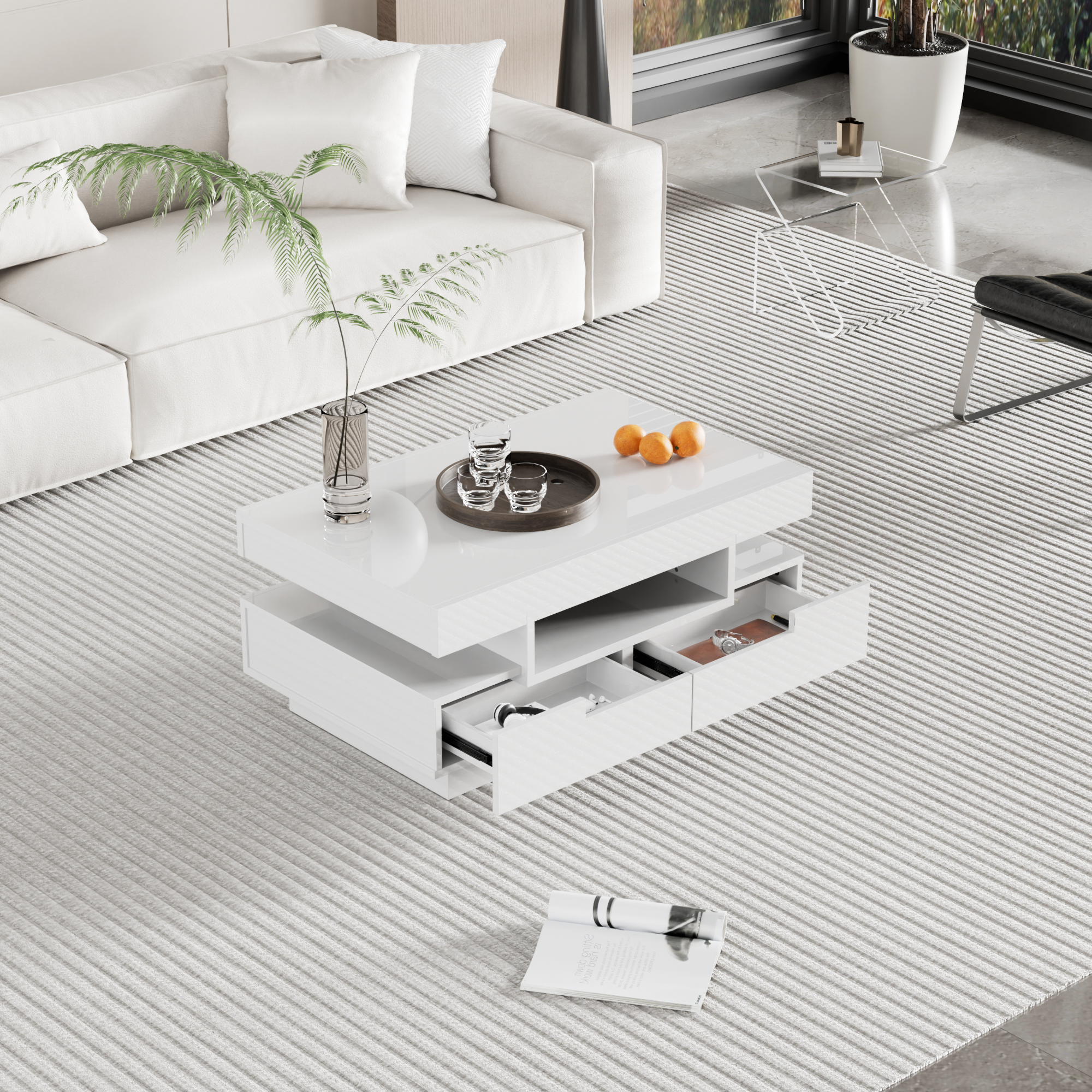 Logidon coffee table high gloss LED light strip four drawers 80x50x36 cm