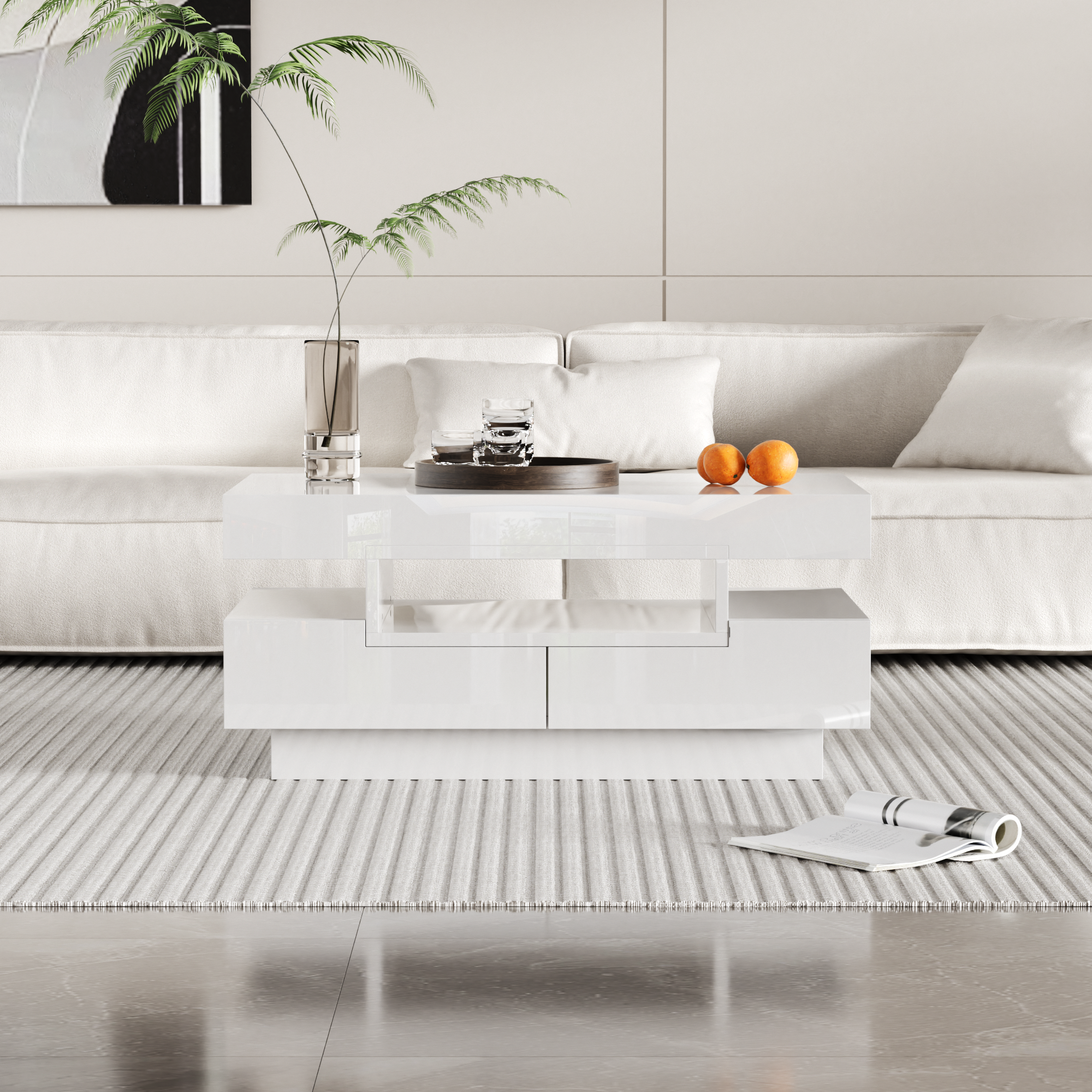 Logidon coffee table high gloss LED light strip four drawers 80x50x36 cm