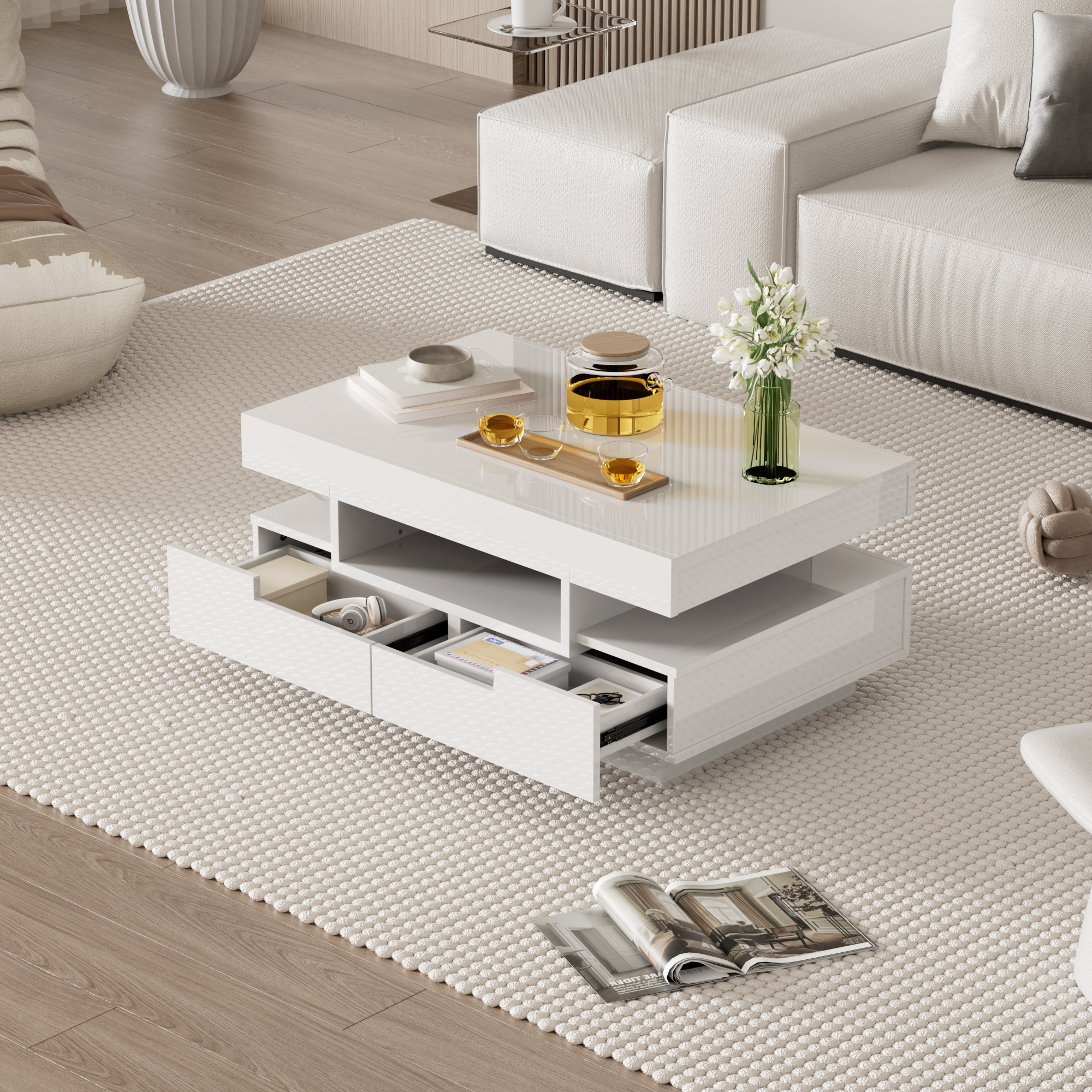 Logidon coffee table high gloss LED light strip four drawers 80x50x36 cm