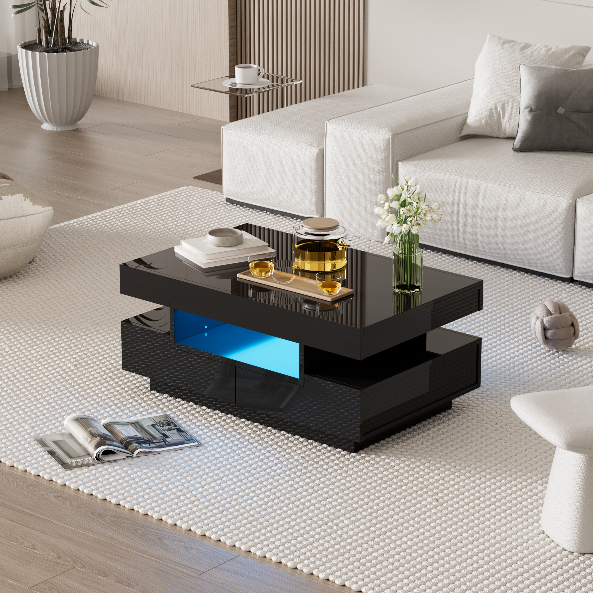 Logidon salontafel zwart hoogglans LED lichtstrip 4 lades