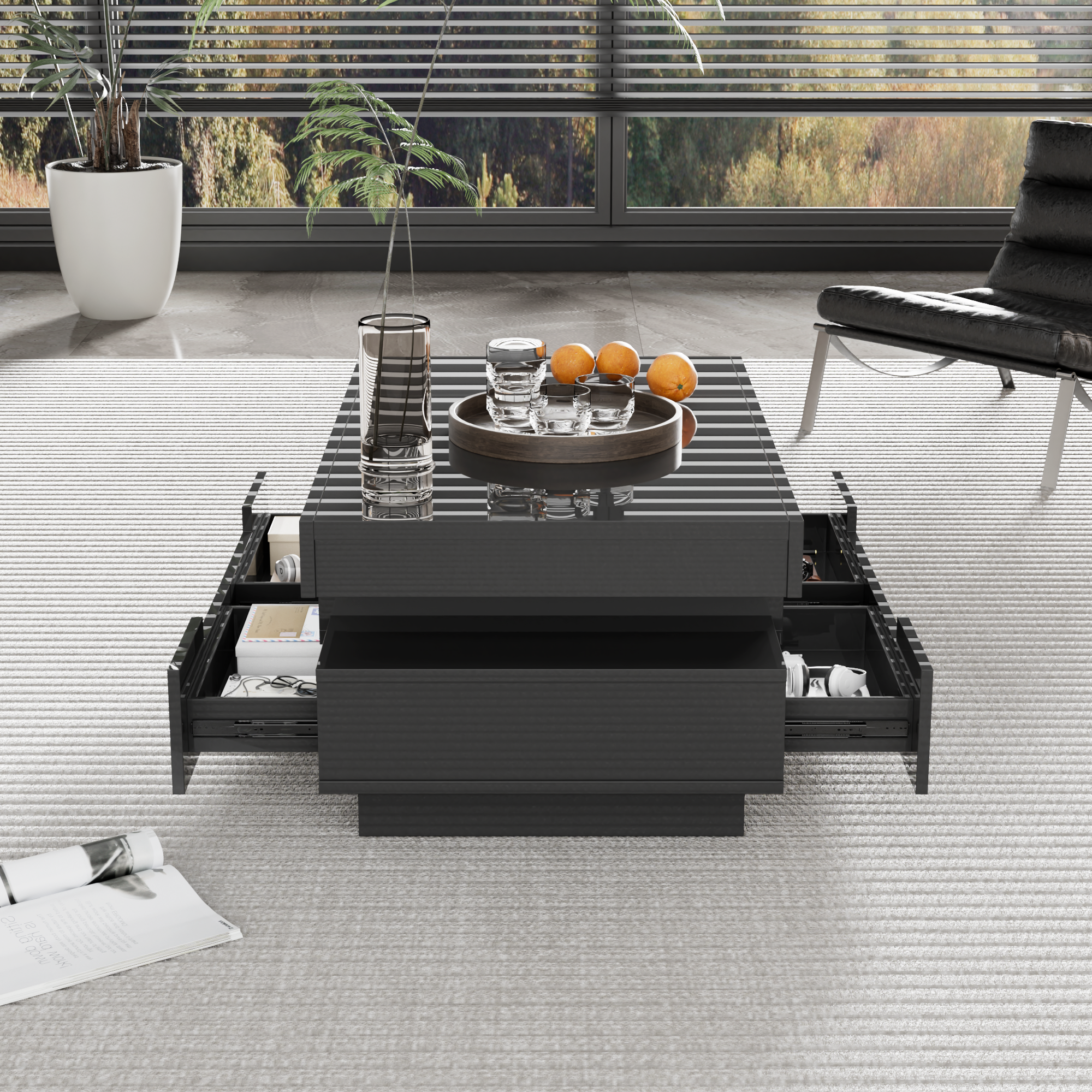 Logidon salontafel zwart hoogglans LED lichtstrip 4 lades