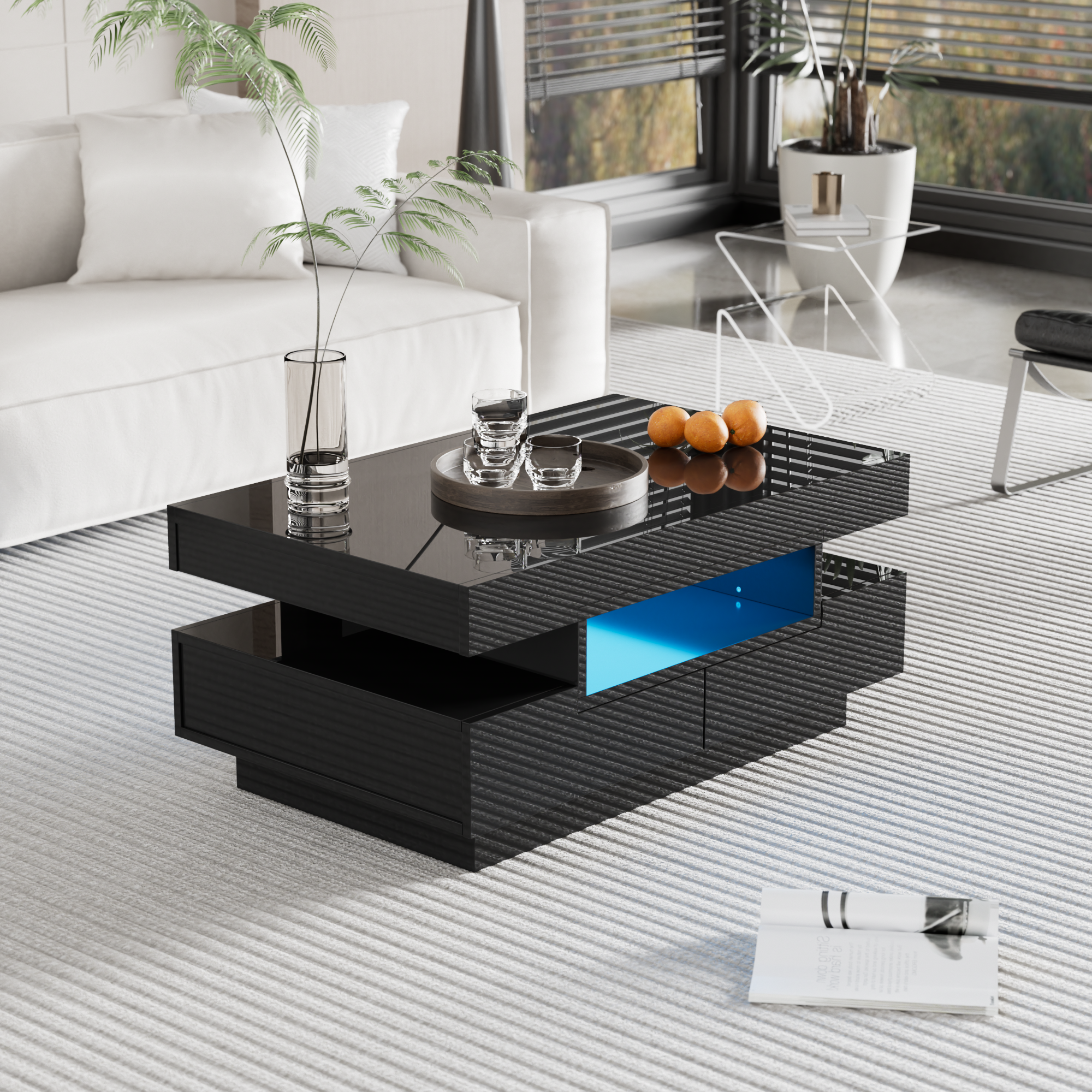 Logidon salontafel zwart hoogglans LED lichtstrip 4 lades