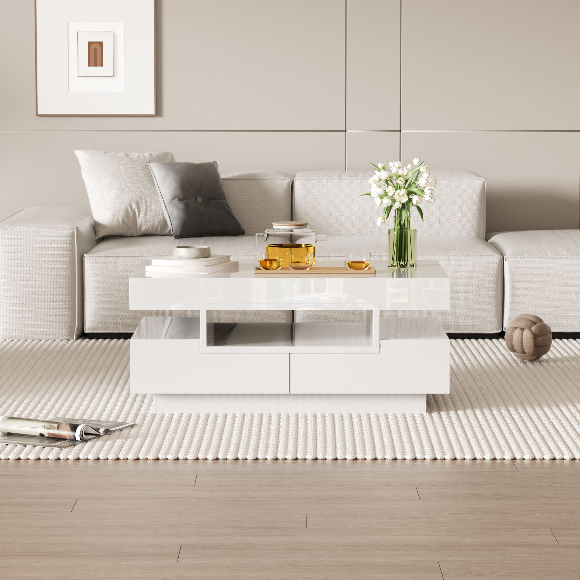 Logidon coffee table high gloss LED light strip four drawers 80x50x36 cm