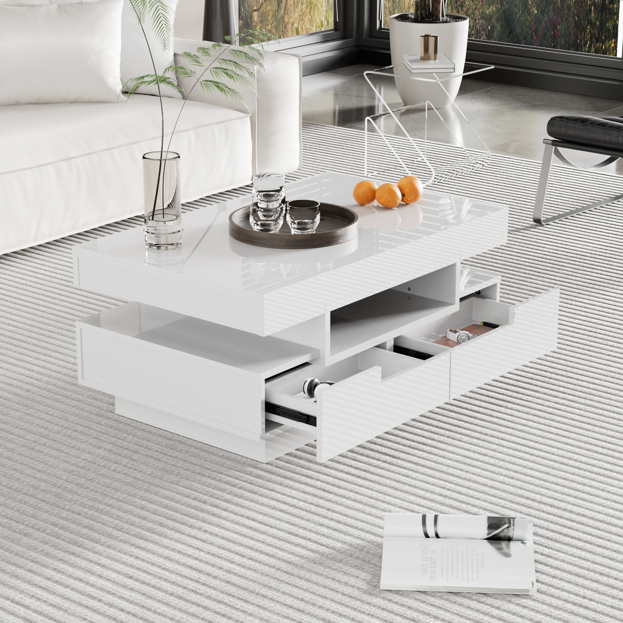 Logidon coffee table high gloss LED light strip four drawers 80x50x36 cm