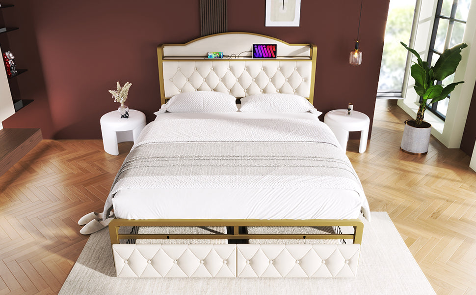 Logidon Gestoffeerd bed met USB Type C Oplaadfunctie en Laden Beige 140x200