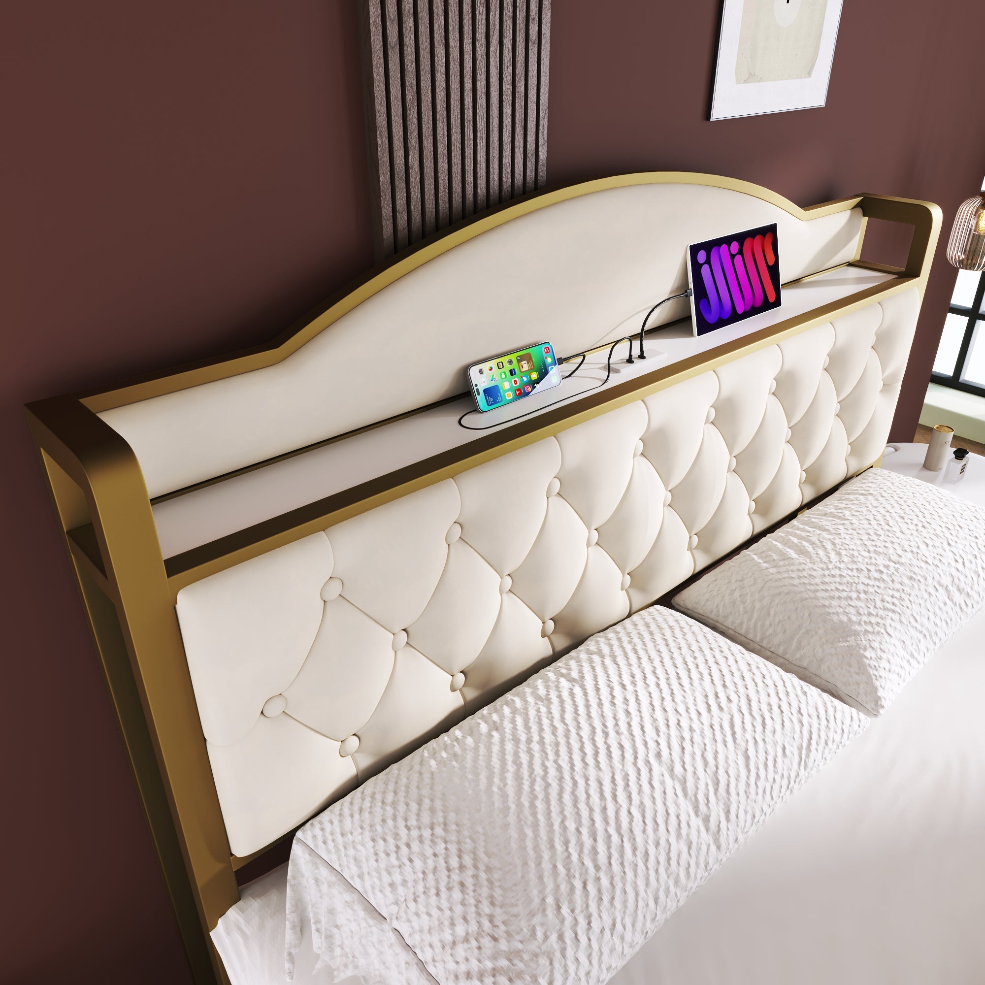 Logidon Gestoffeerd bed met USB Type C Oplaadfunctie en Laden Beige 140x200