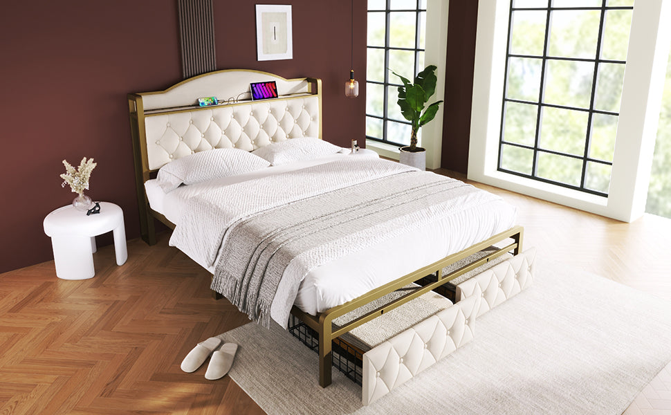 Logidon Gestoffeerd bed met USB Type C Oplaadfunctie en Laden Beige 140x200