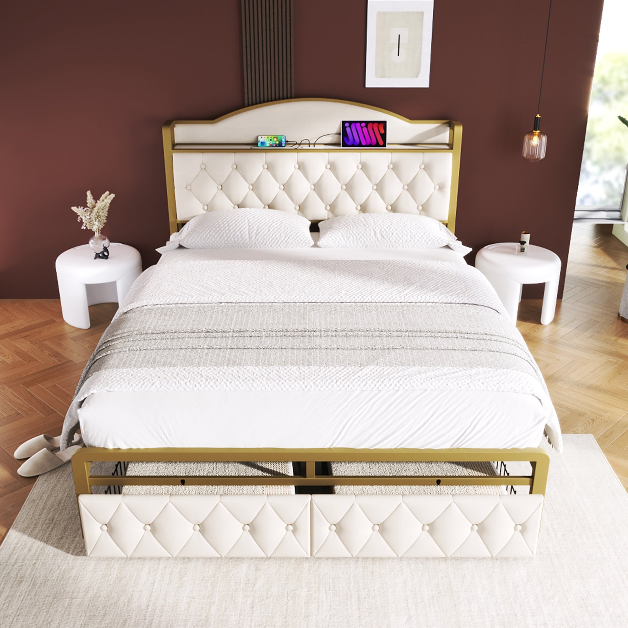 Logidon Gestoffeerd bed met USB Type C Oplaadfunctie en Laden Beige 140x200