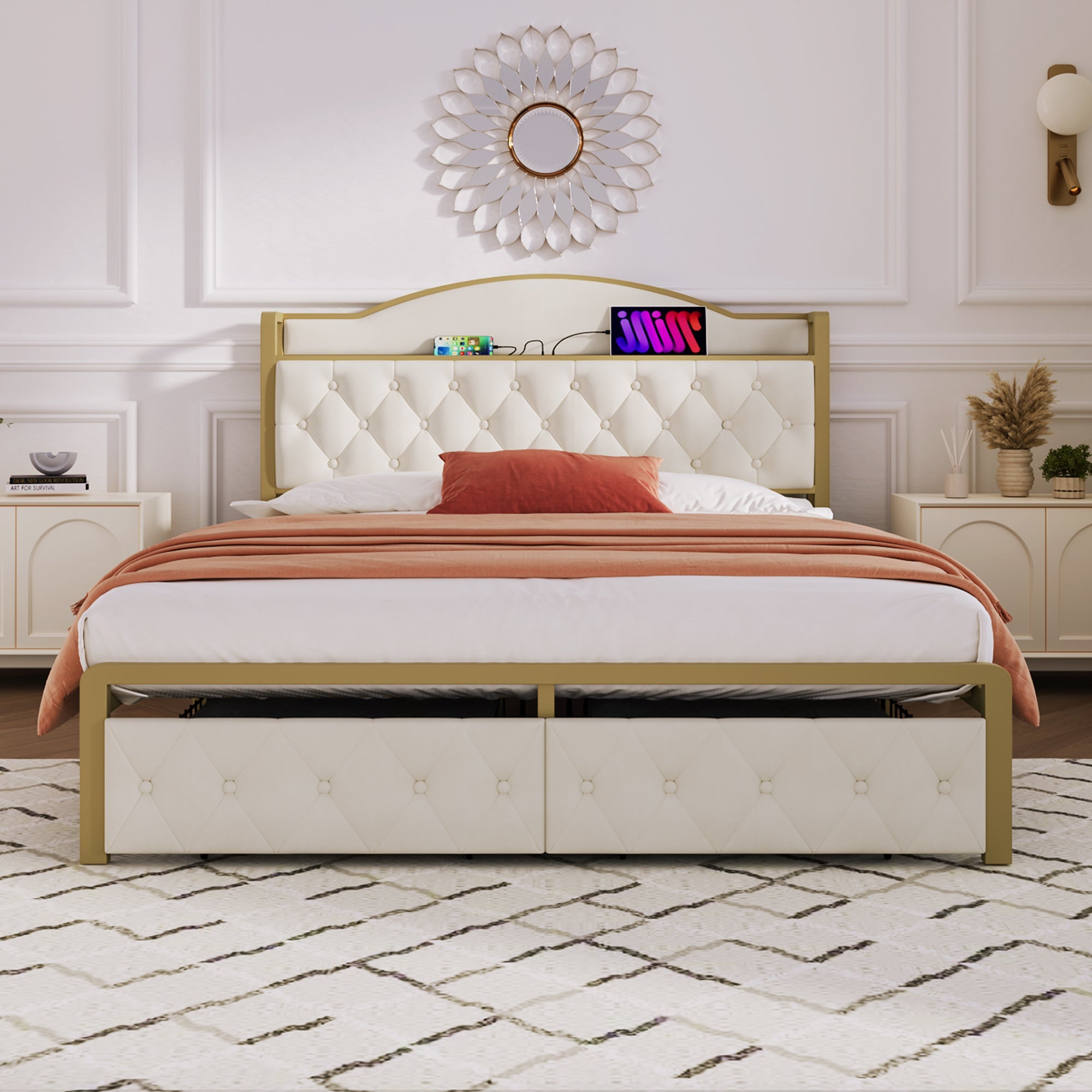 Logidon Gestoffeerd bed met USB Type C Oplaadfunctie en Laden Beige 140x200