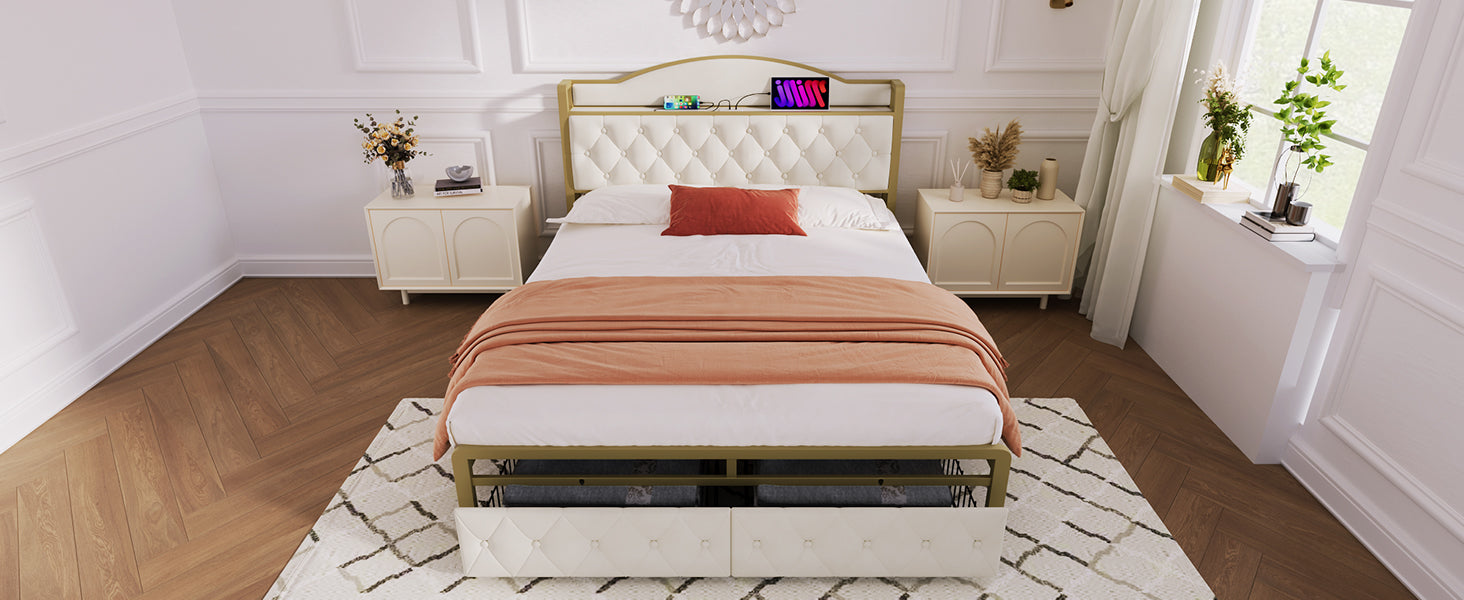 Logidon Gestoffeerd bed met USB Type C Oplaadfunctie en Laden Beige 140x200