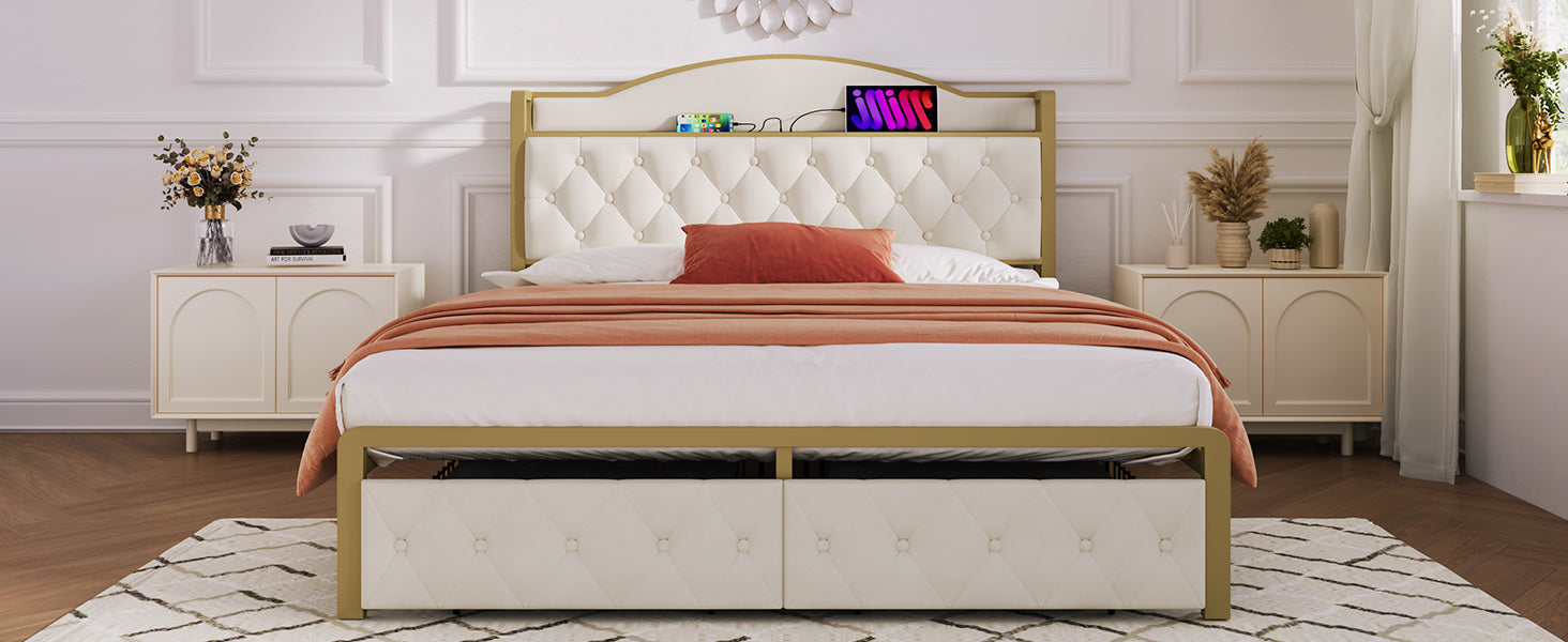 Logidon Gestoffeerd bed met USB Type C Oplaadfunctie en Laden Beige 140x200