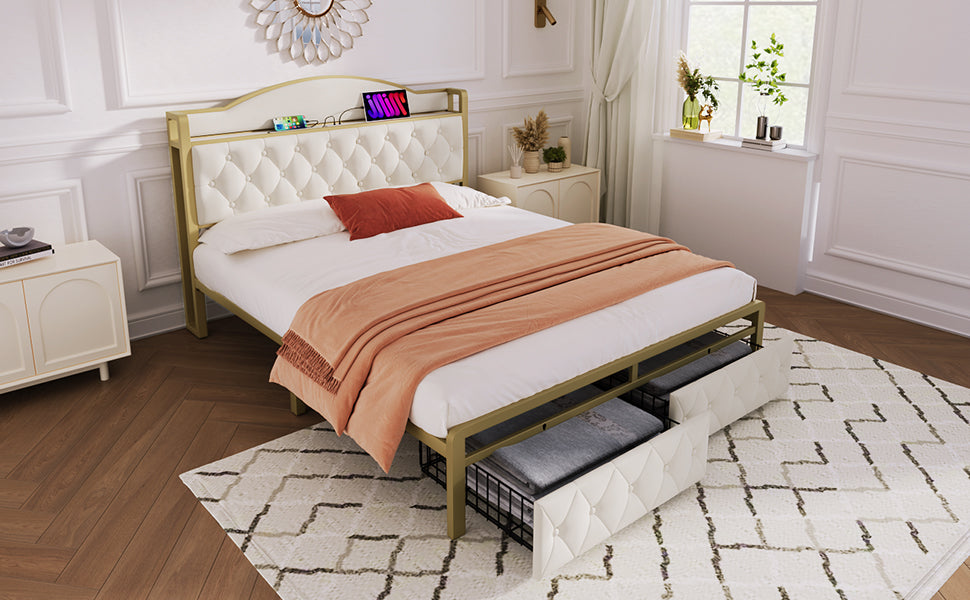 Logidon Gestoffeerd bed met USB Type C Oplaadfunctie en Laden Beige 140x200
