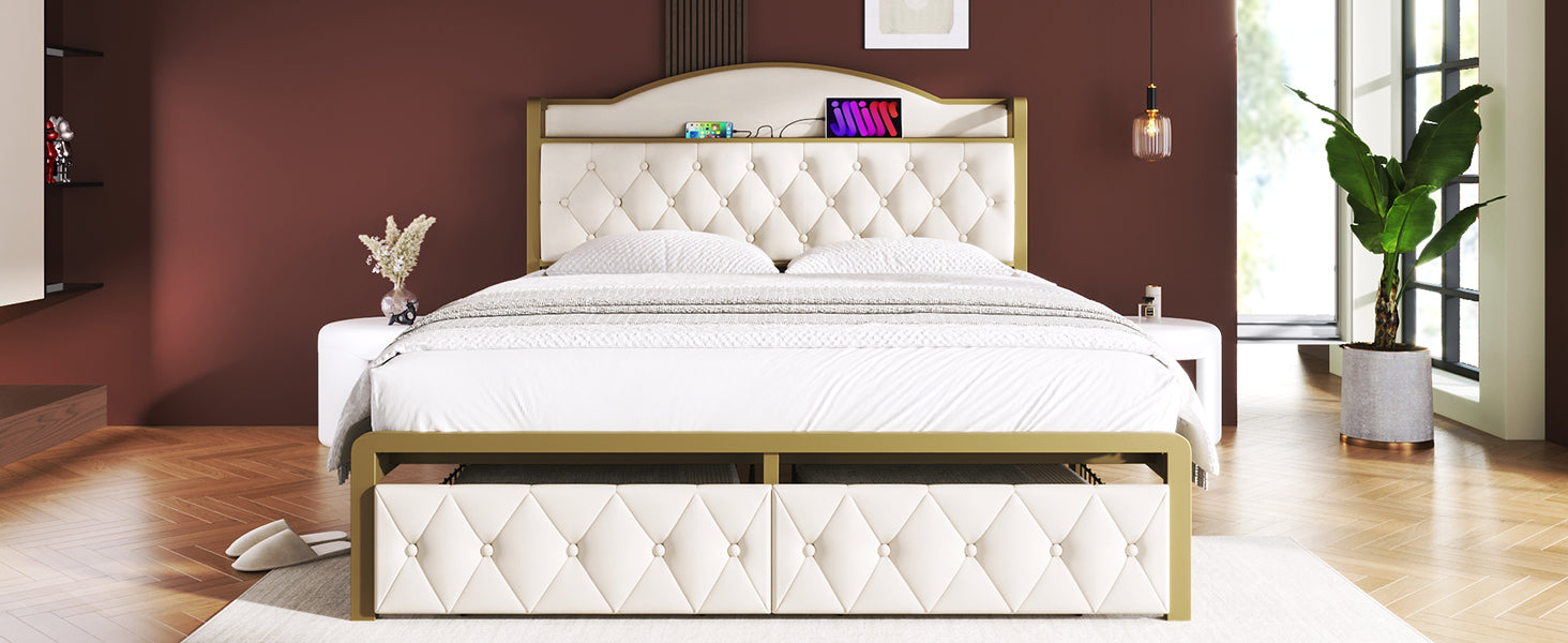 Logidon Gestoffeerd bed met USB Type C Oplaadfunctie en Laden Beige 140x200