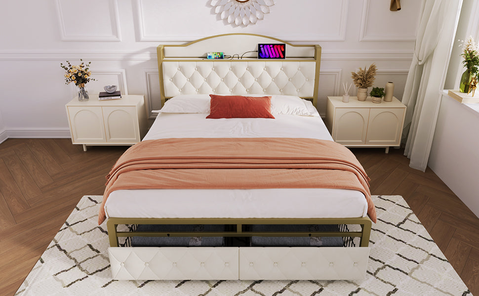 Logidon Gestoffeerd bed met USB Type C Oplaadfunctie en Laden Beige 140x200