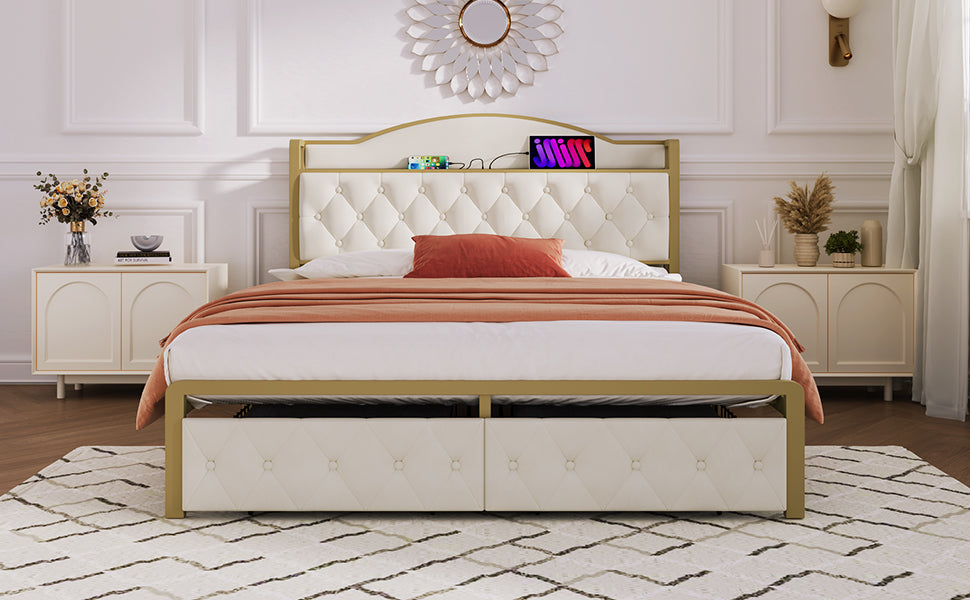 Logidon Gestoffeerd bed met USB Type C Oplaadfunctie en Laden Beige 140x200