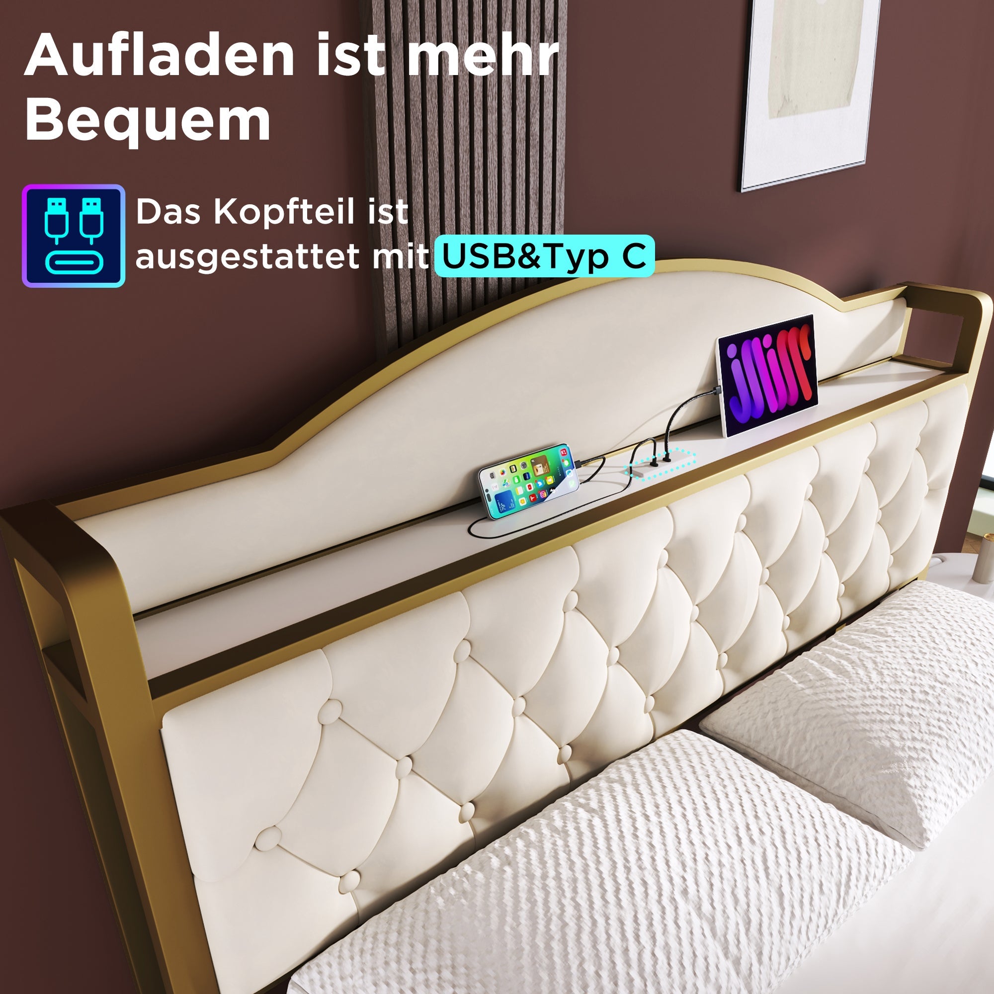 Logidon Gestoffeerd bed met USB Type C Oplaadfunctie en Laden Beige 140x200
