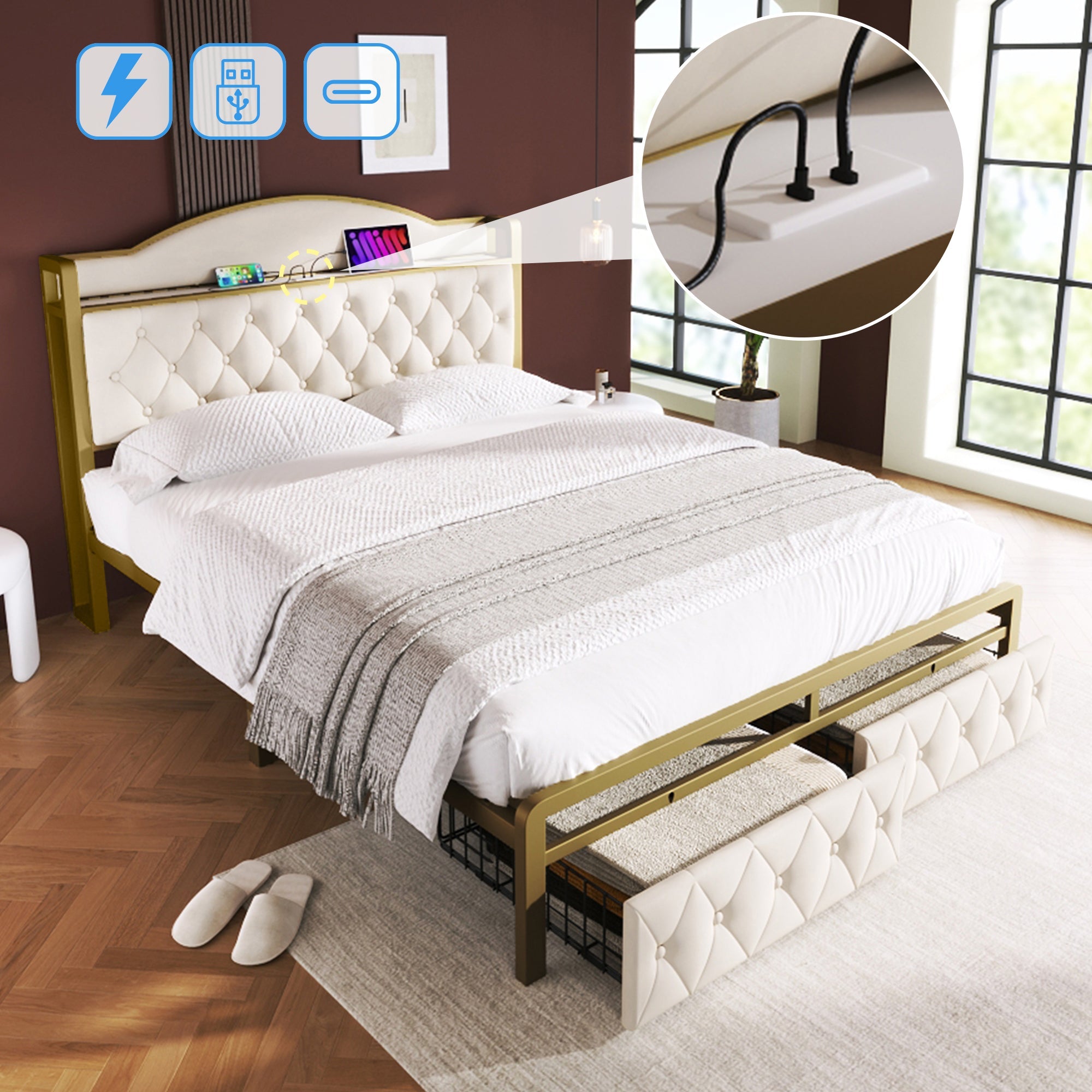 Logidon Gestoffeerd bed met USB Type C Oplaadfunctie en Laden Beige 140x200