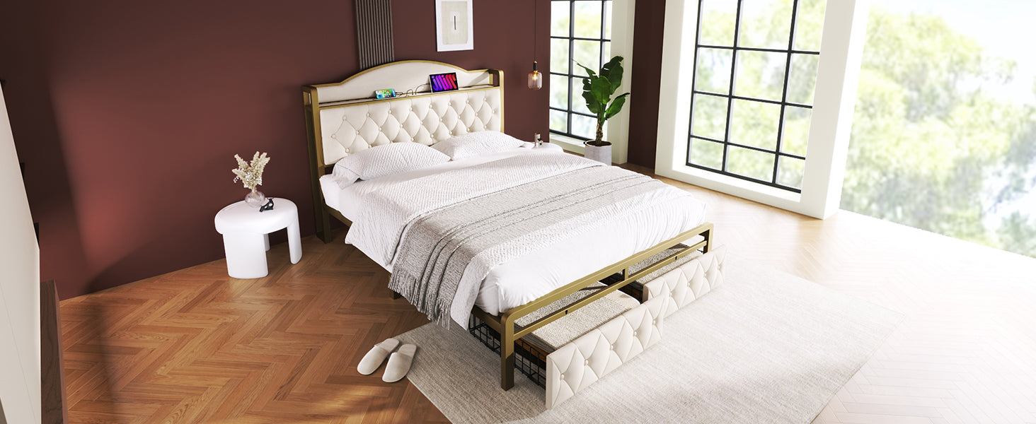 Logidon Gestoffeerd bed met USB Type C Oplaadfunctie en Laden Beige 140x200