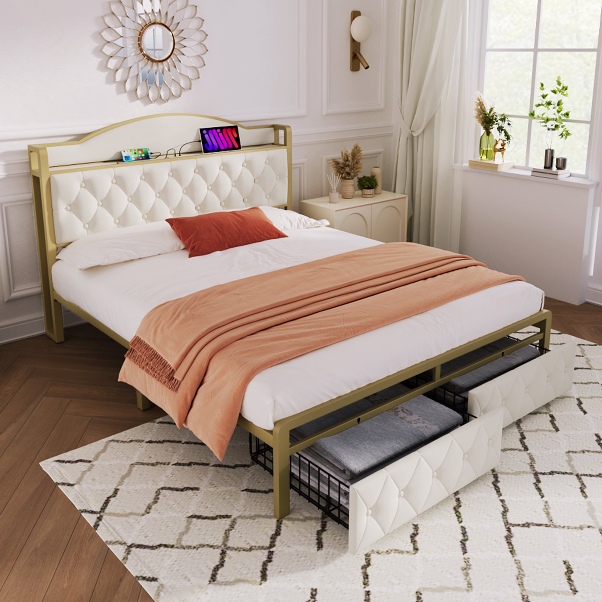 Logidon Gestoffeerd bed met USB Type C Oplaadfunctie en Laden Beige 140x200