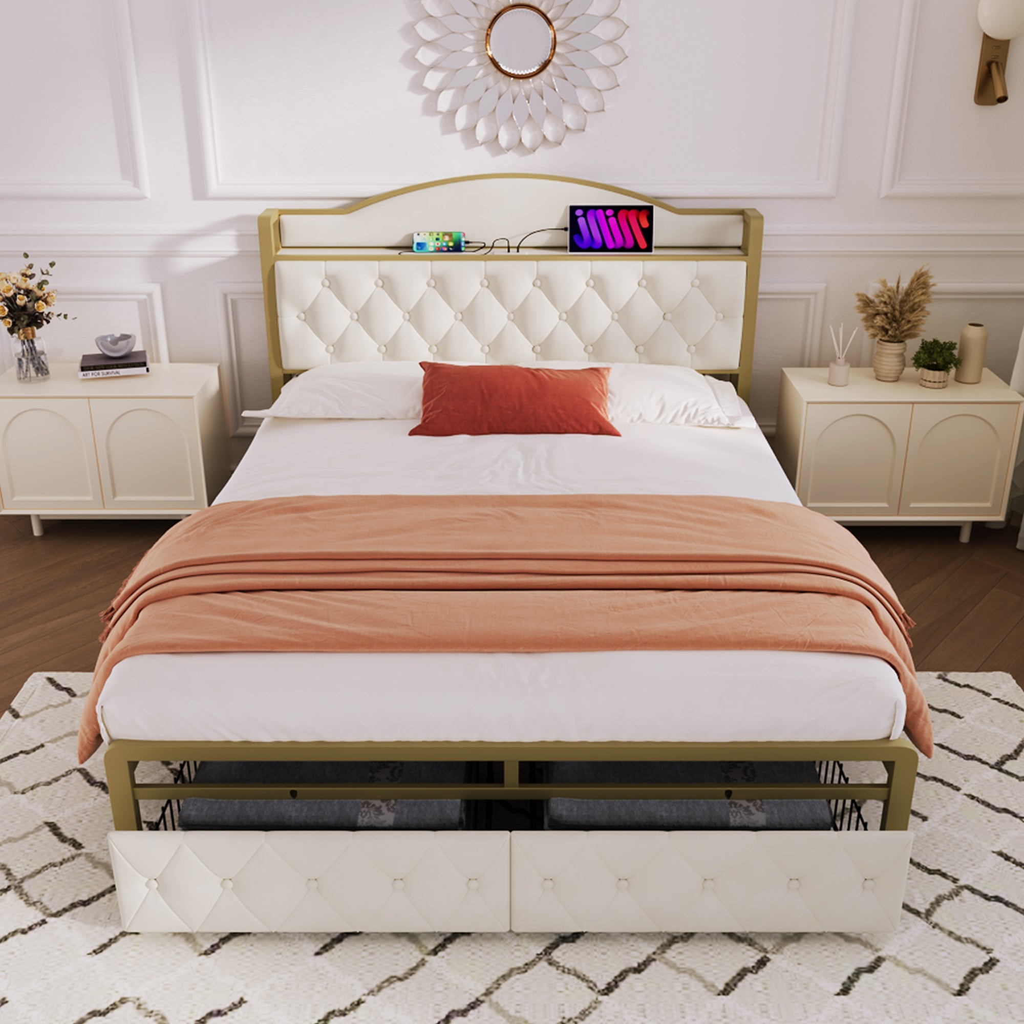 Logidon Gestoffeerd bed met USB Type C Oplaadfunctie en Laden Beige 140x200