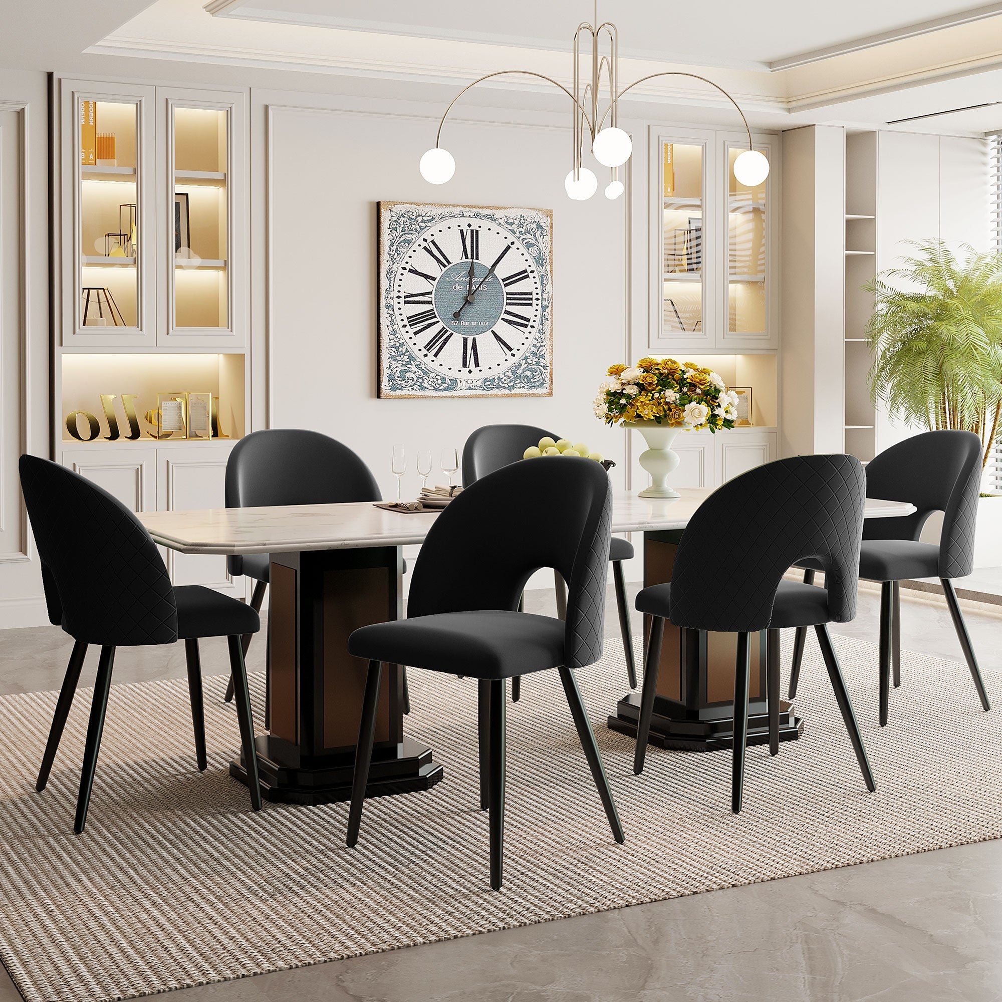 Logidon Dining Table Chairs Set of 6 Velvet Black Diamond Pattern