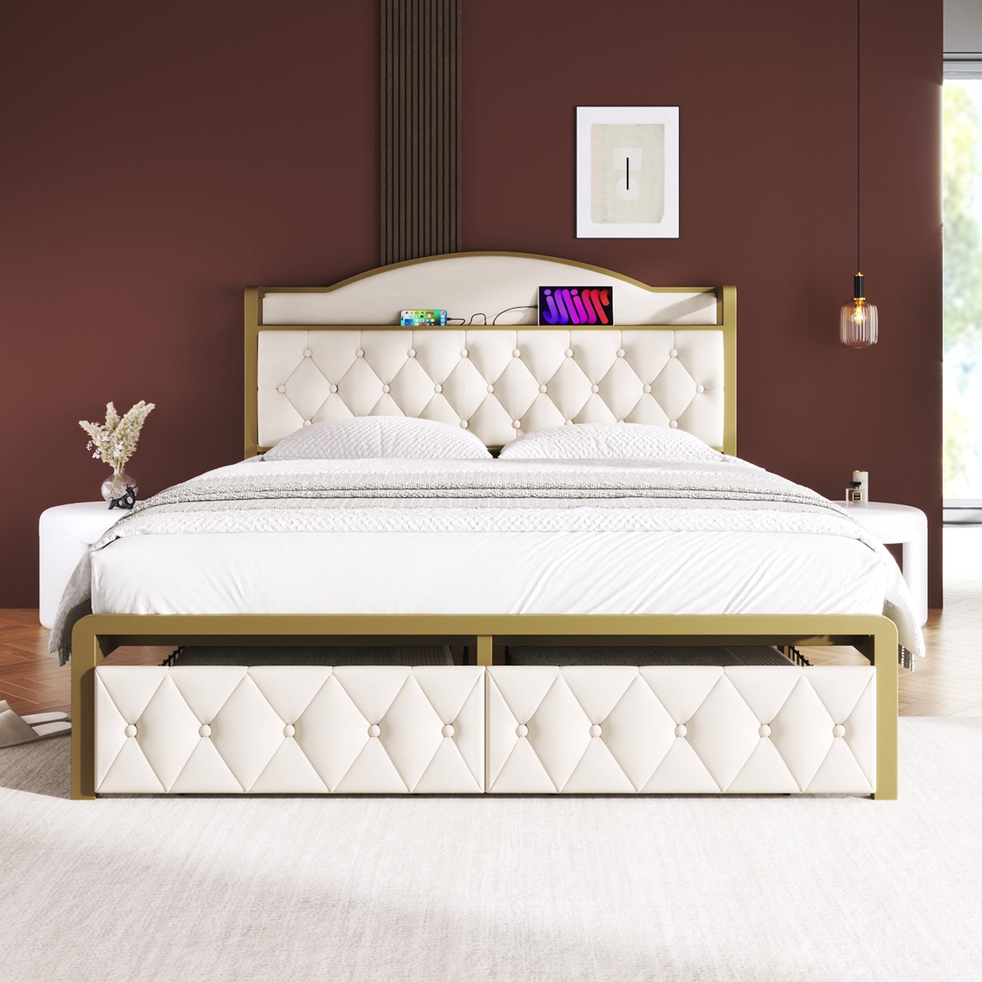 Logidon Gestoffeerd bed met USB Type C Oplaadfunctie en Laden Beige 140x200