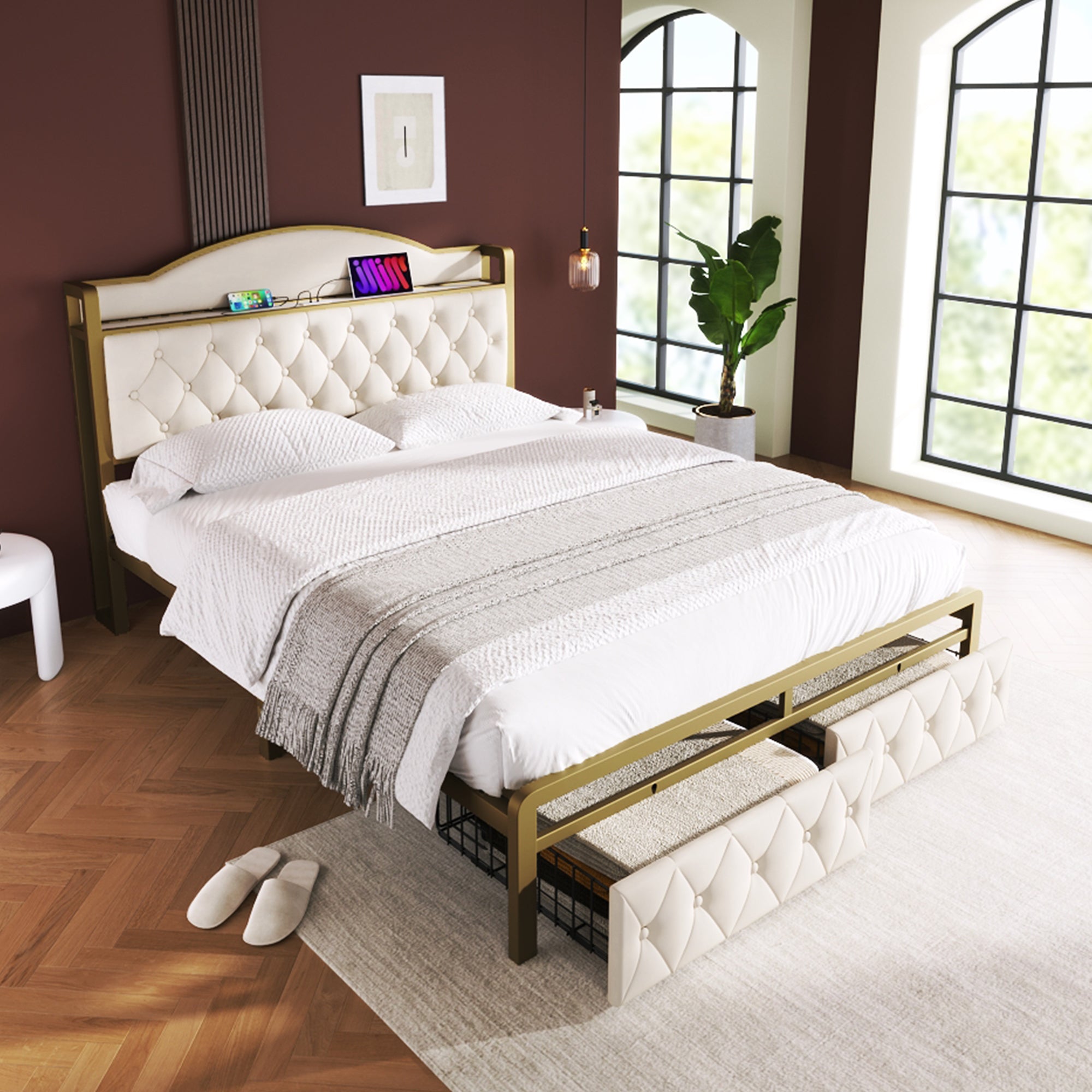 Logidon Gestoffeerd bed met USB Type C Oplaadfunctie en Laden Beige 140x200