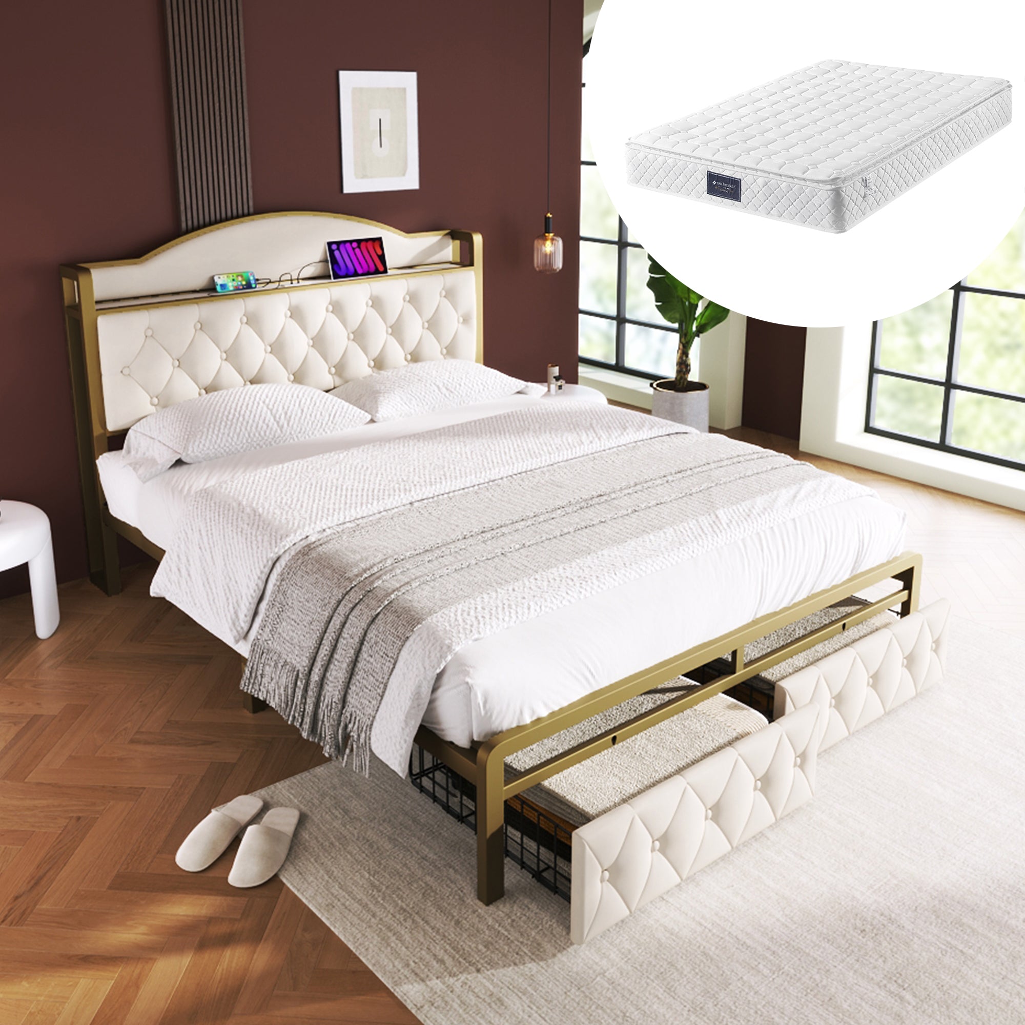 Logidon Gestoffeerd bed met USB Type C Oplaadfunctie en Laden Beige 140x200