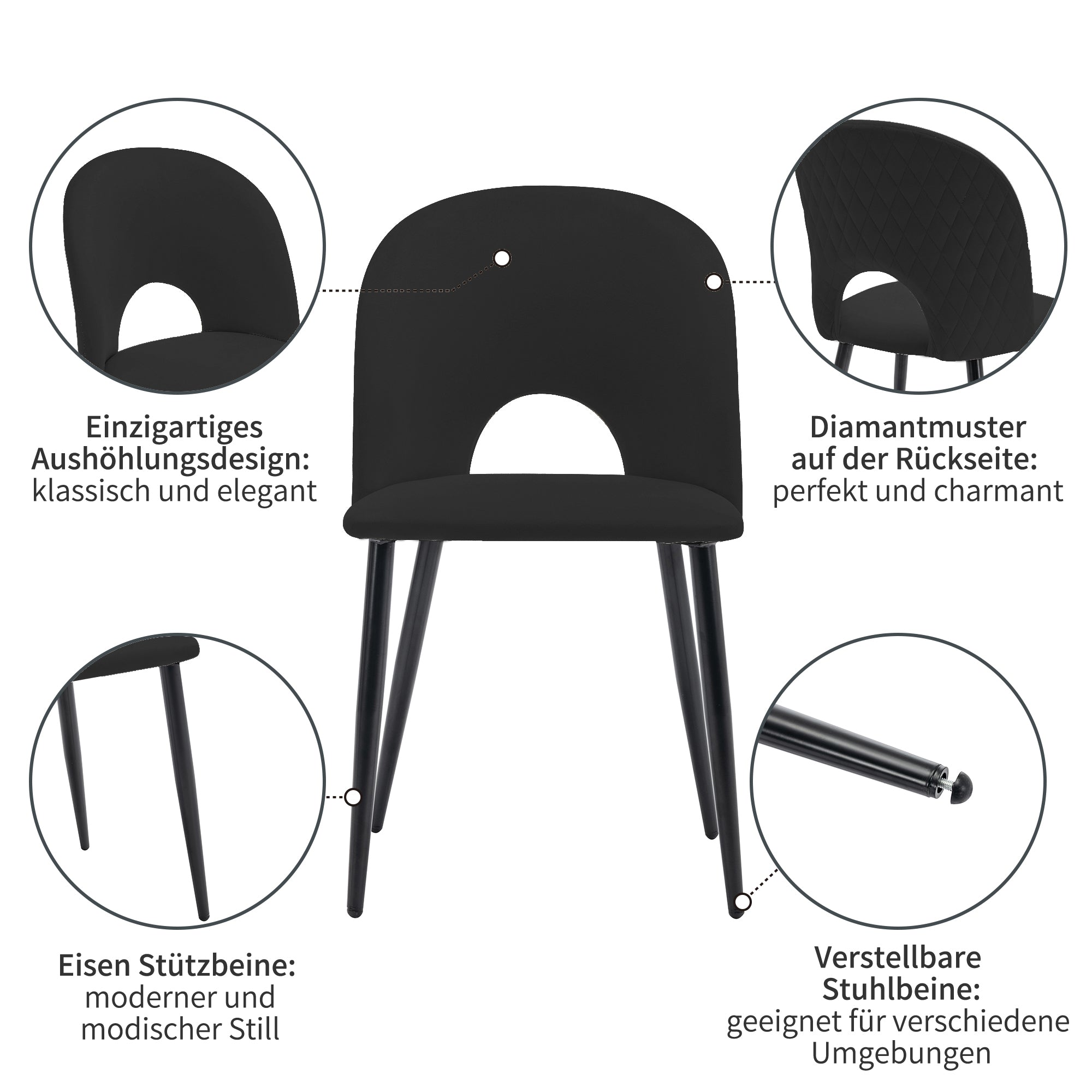 Logidon Dining Table Chairs Set of 6 Velvet Black Diamond Pattern