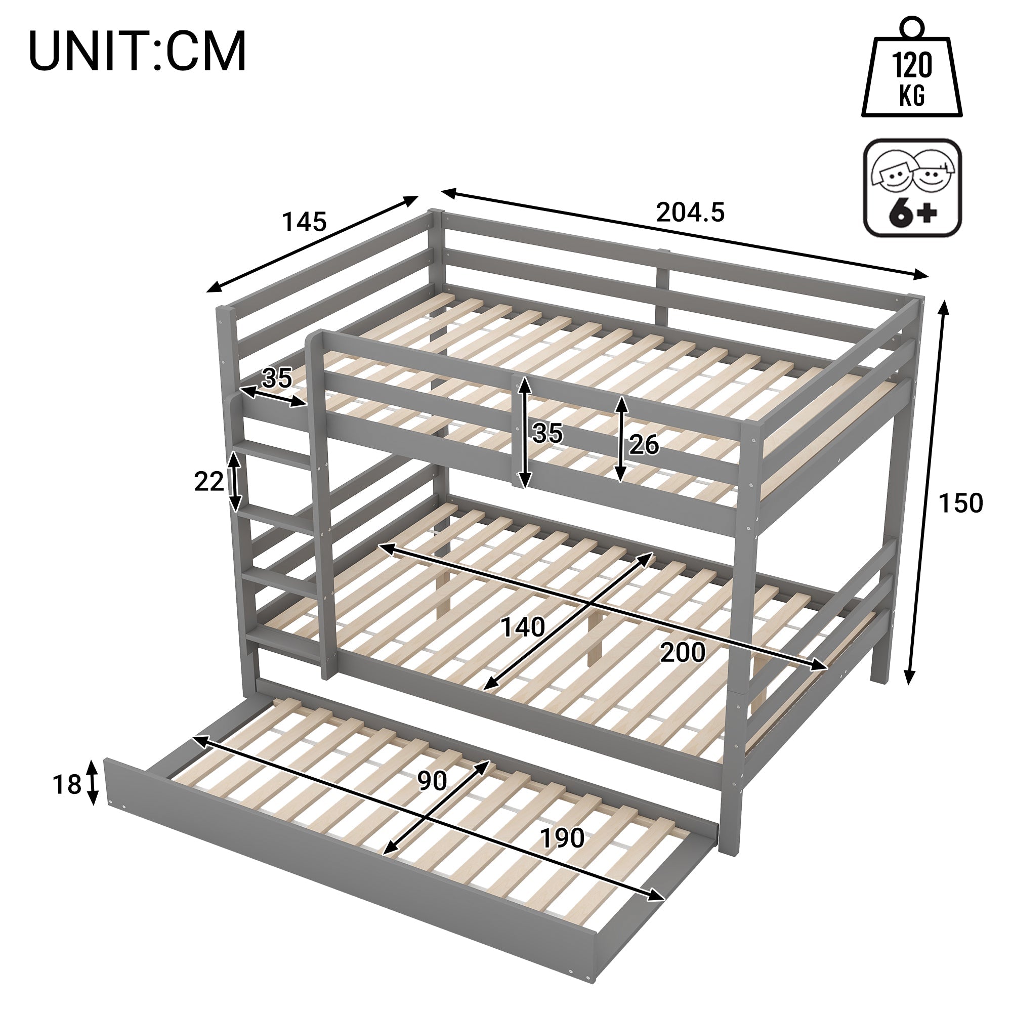 Logidon stapelbed 140x200 cm grijs met uitschuifbaar bed stabiele trap
