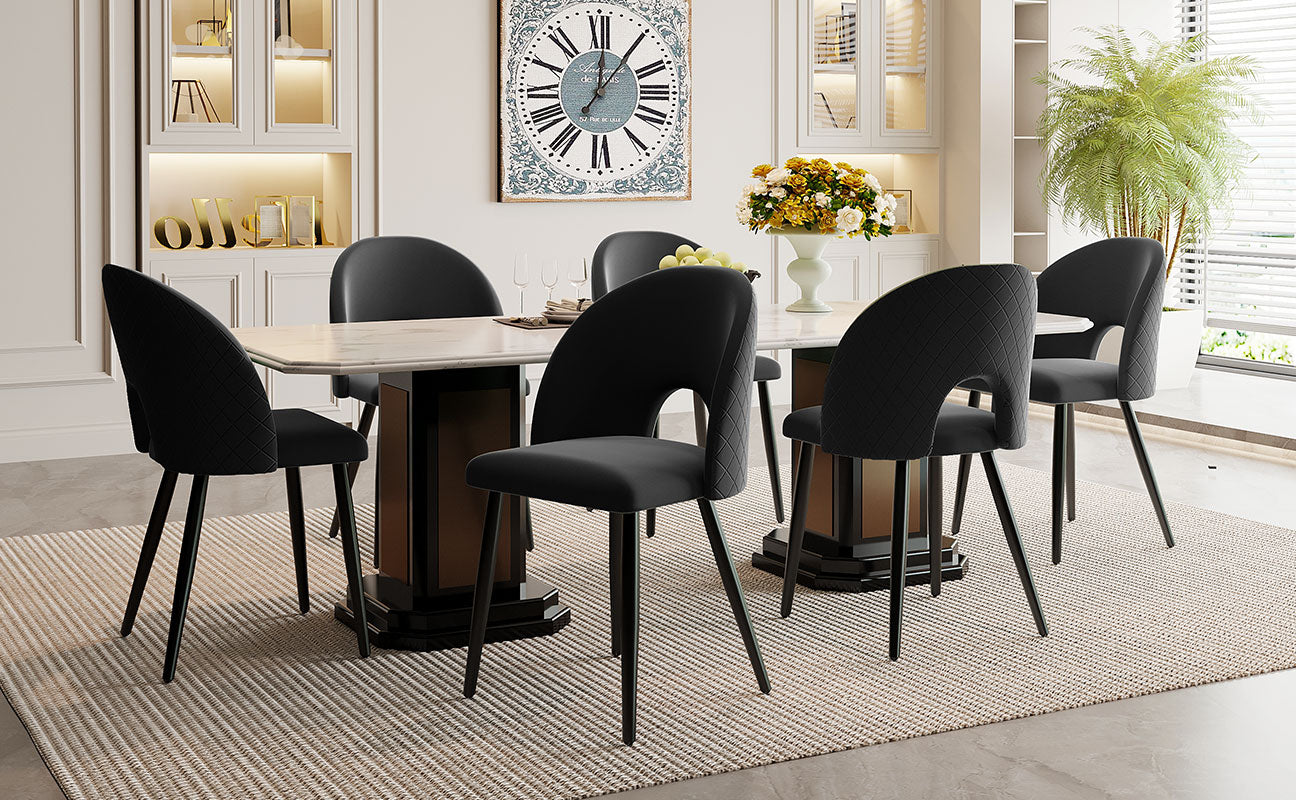 Logidon Dining Table Chairs Set of 6 Velvet Black Diamond Pattern