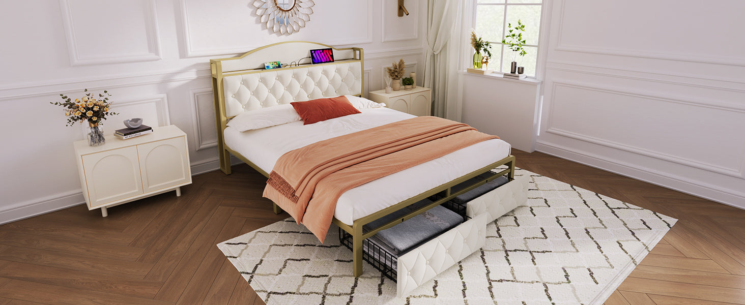 Logidon Gestoffeerd bed met USB Type C Oplaadfunctie en Laden Beige 140x200