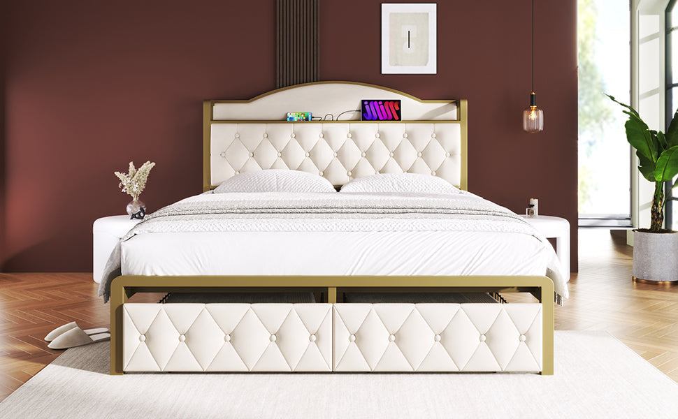 Logidon Gestoffeerd bed met USB Type C Oplaadfunctie en Laden Beige 140x200