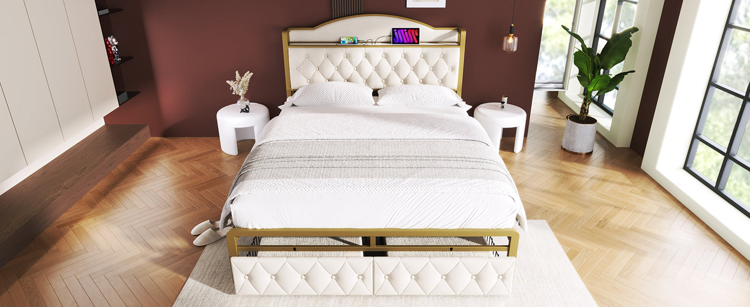 Logidon Gestoffeerd bed met USB Type C Oplaadfunctie en Laden Beige 140x200