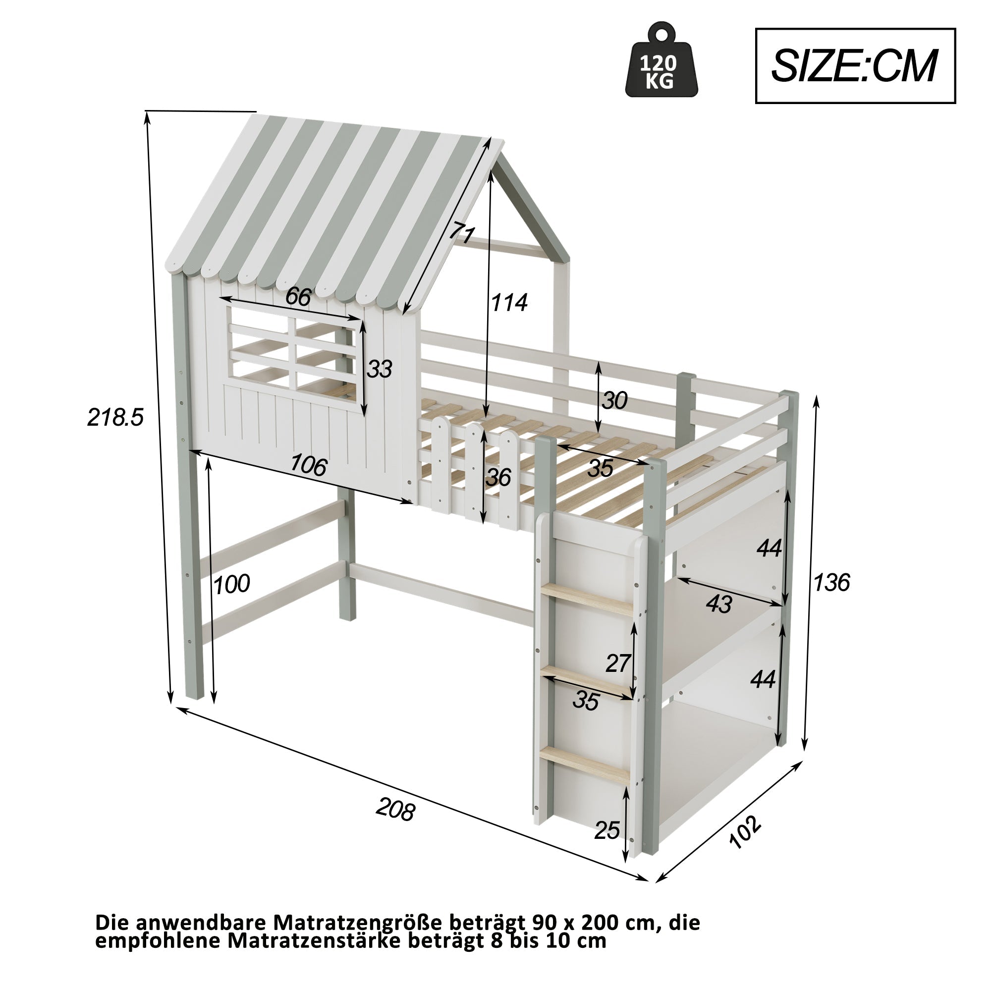Logidon kinderbed 90x200 cm hoog-laag huisbed met veiligheidsladder groen