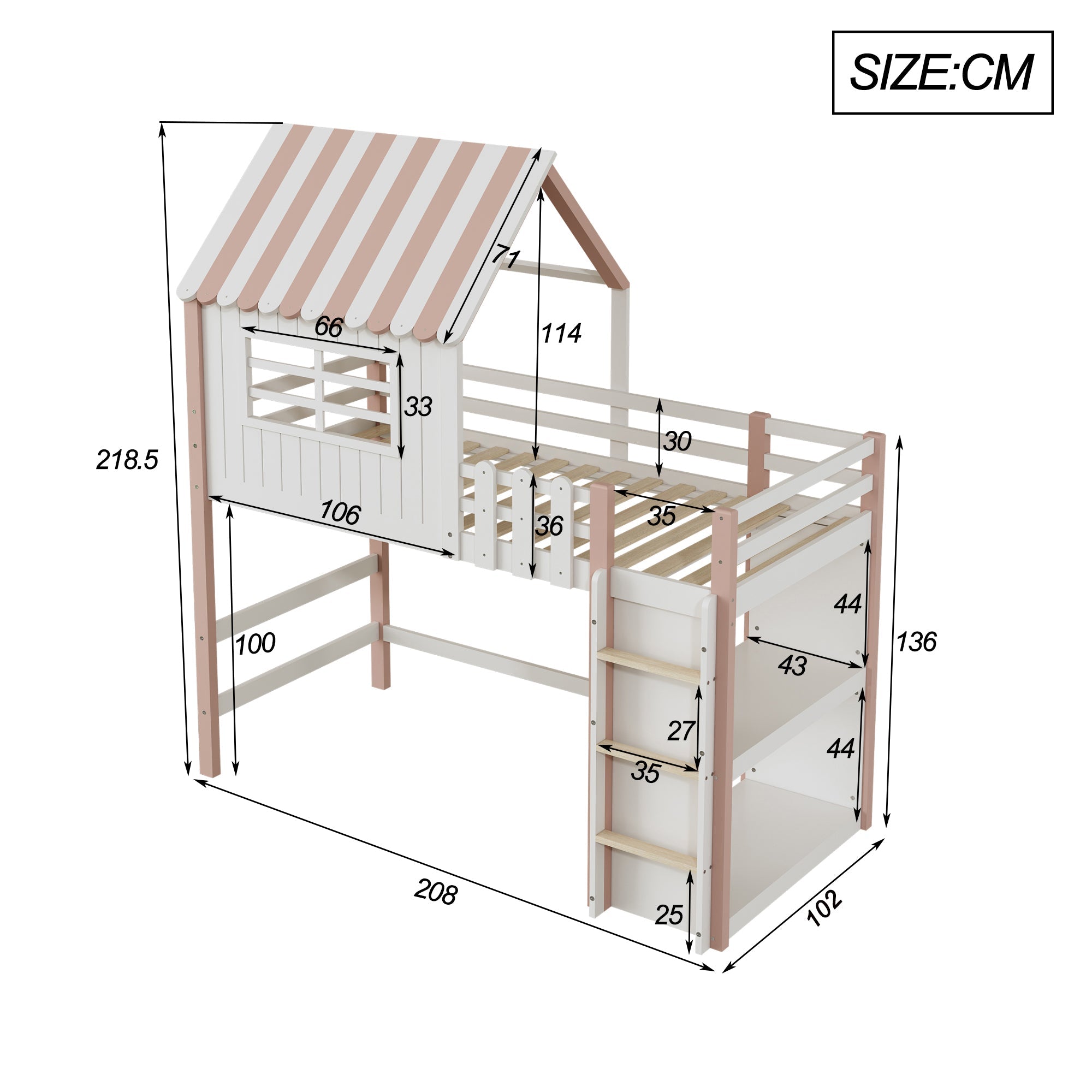Logidon Kinderbed 90x200 cm Hoog en Laag Roze Huisvorm