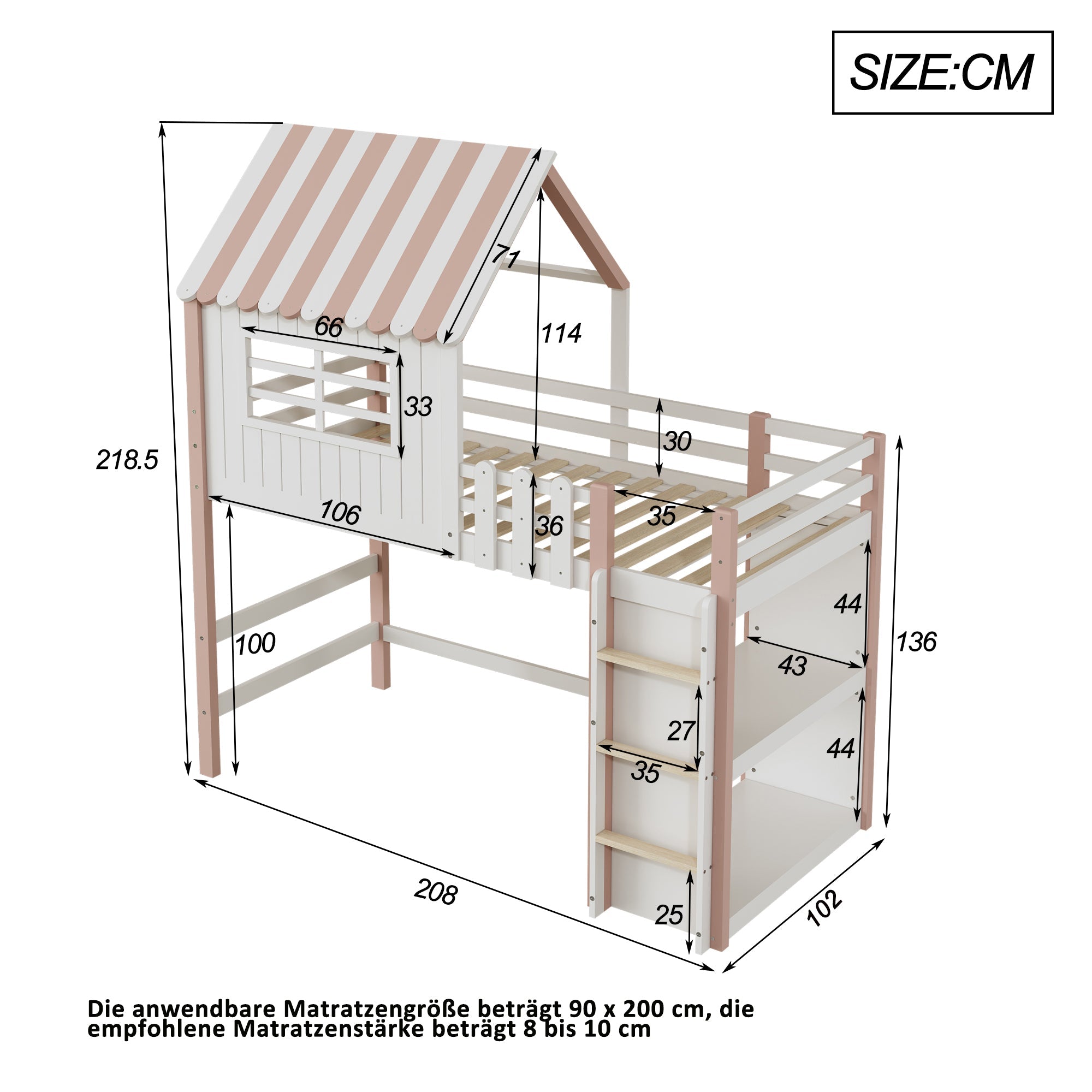 Logidon Kinderbed 90x200 cm Hoog en Laag Roze Huisvorm