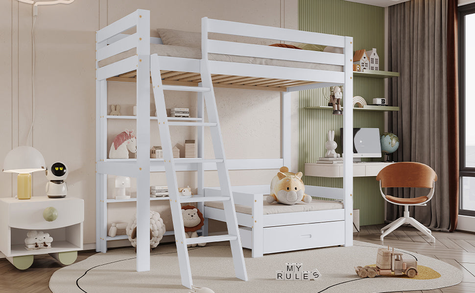 Logidon hoogslaper met bureau - wit kinderbed met lade