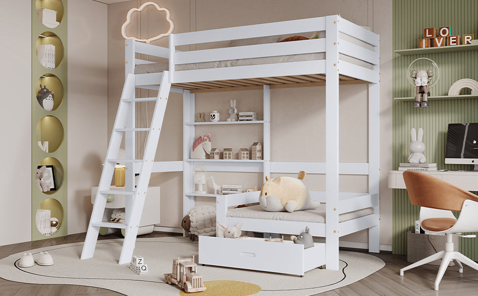 Logidon hoogslaper met bureau - wit kinderbed met lade
